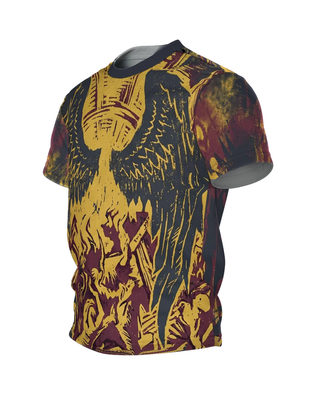 Phoenix-Engel T-Shirt, Holzschnitt-Allover mit Flammenaufstieg in Gelb Burgund Schwarz, Seitenansicht rechts