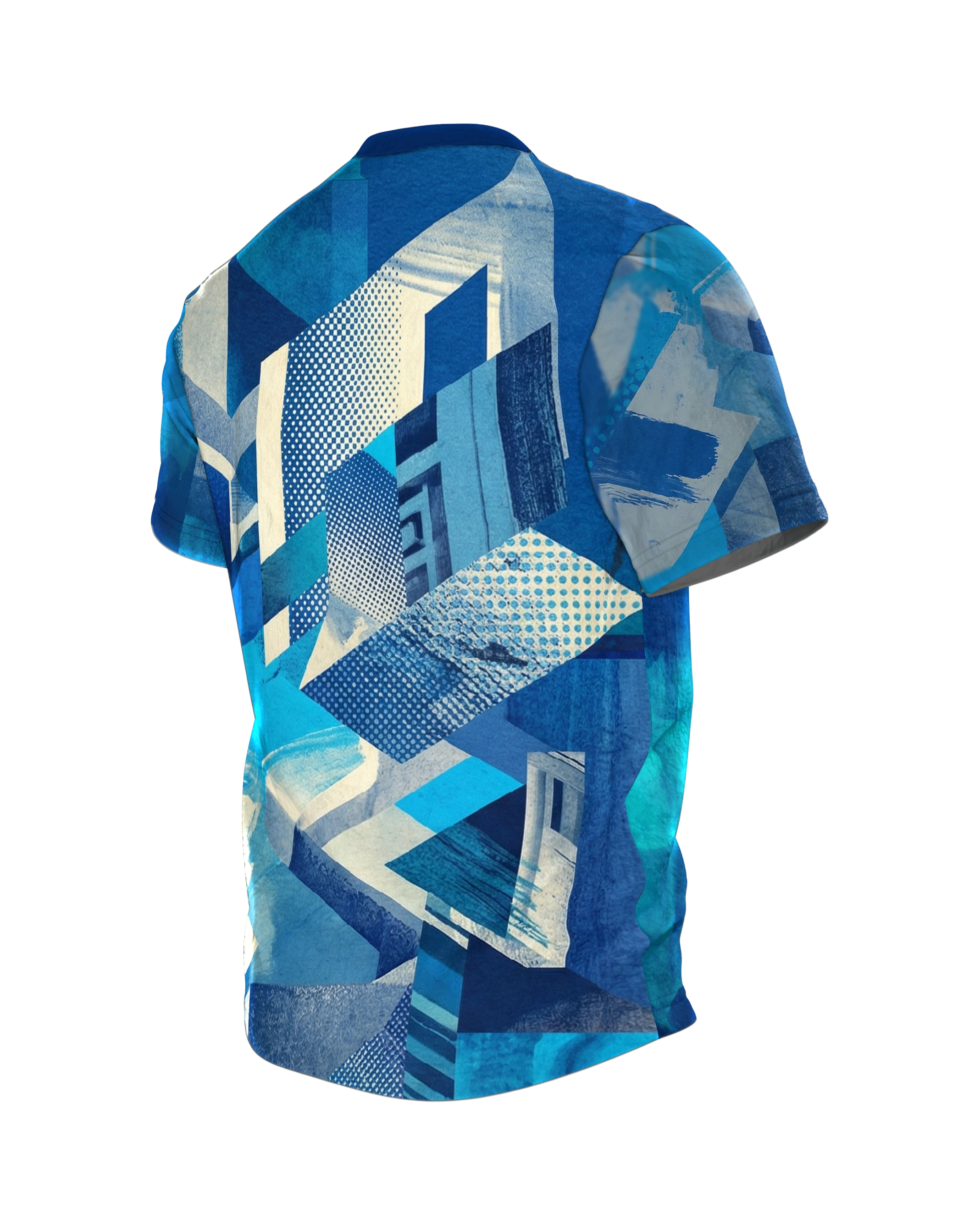 Aqua Pop-Art T-Shirt: Wasserblau trifft Rasterkanten, Rückseite schräg links
