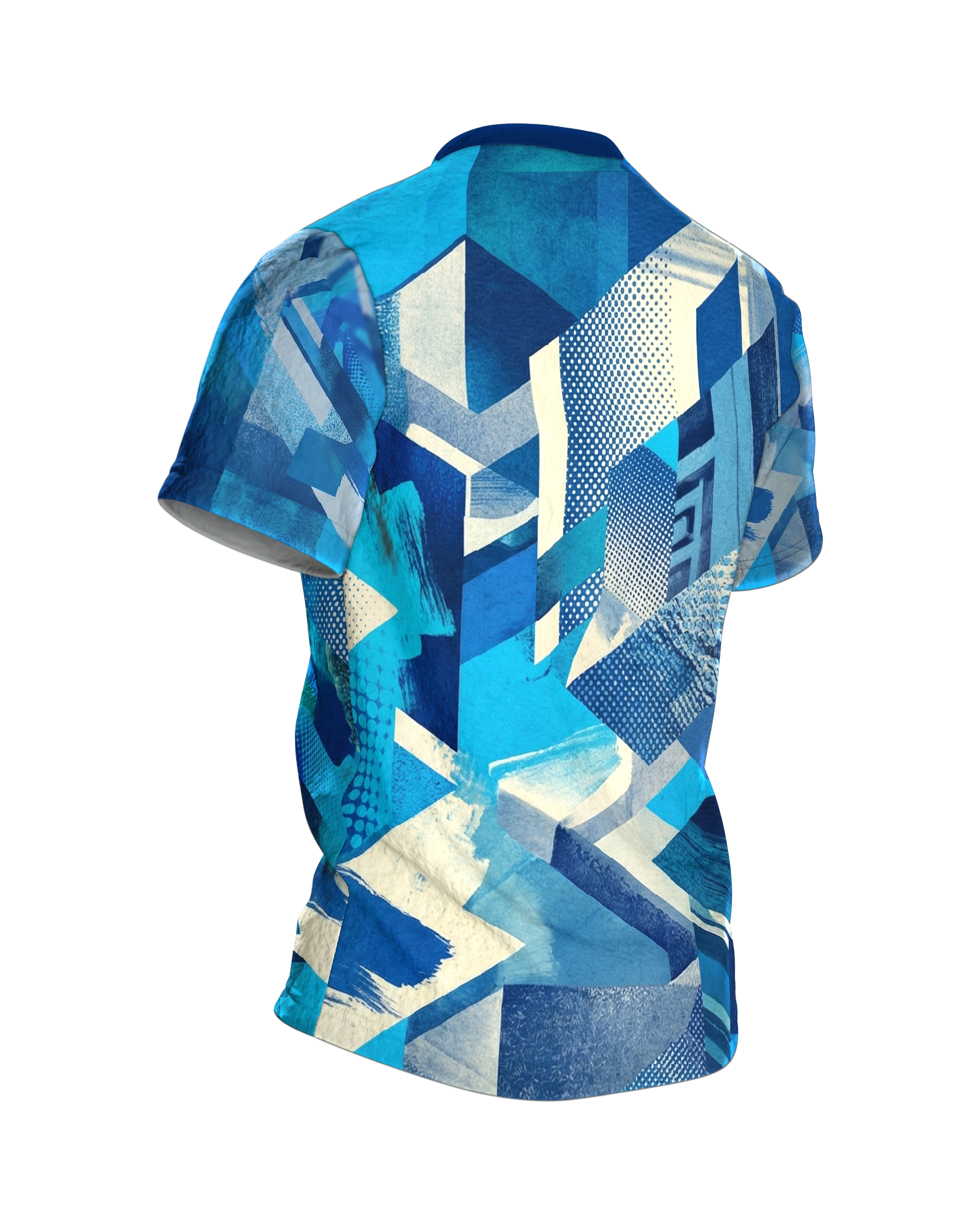 Aqua Pop-Art T-Shirt: Wasserblau trifft Rasterkanten, Rückseite schräg rechts