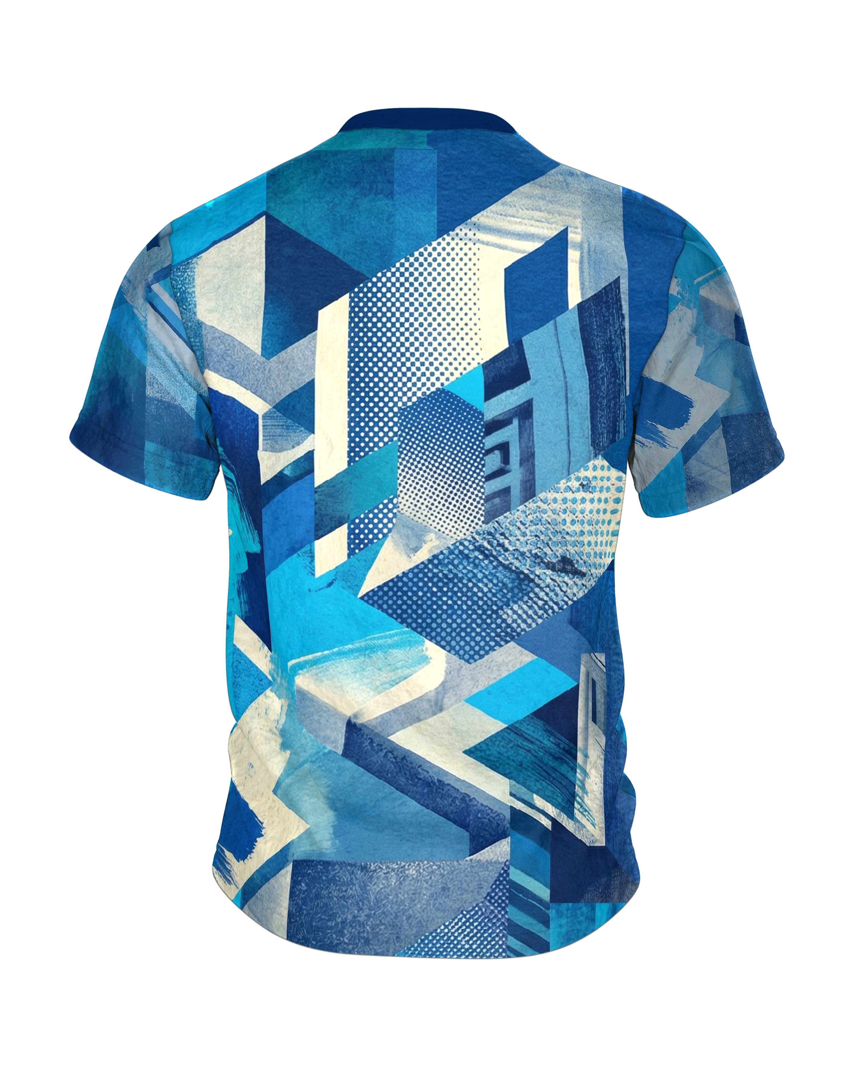 Aqua Pop-Art T-Shirt: Wasserblau trifft Rasterkanten, Rückseite