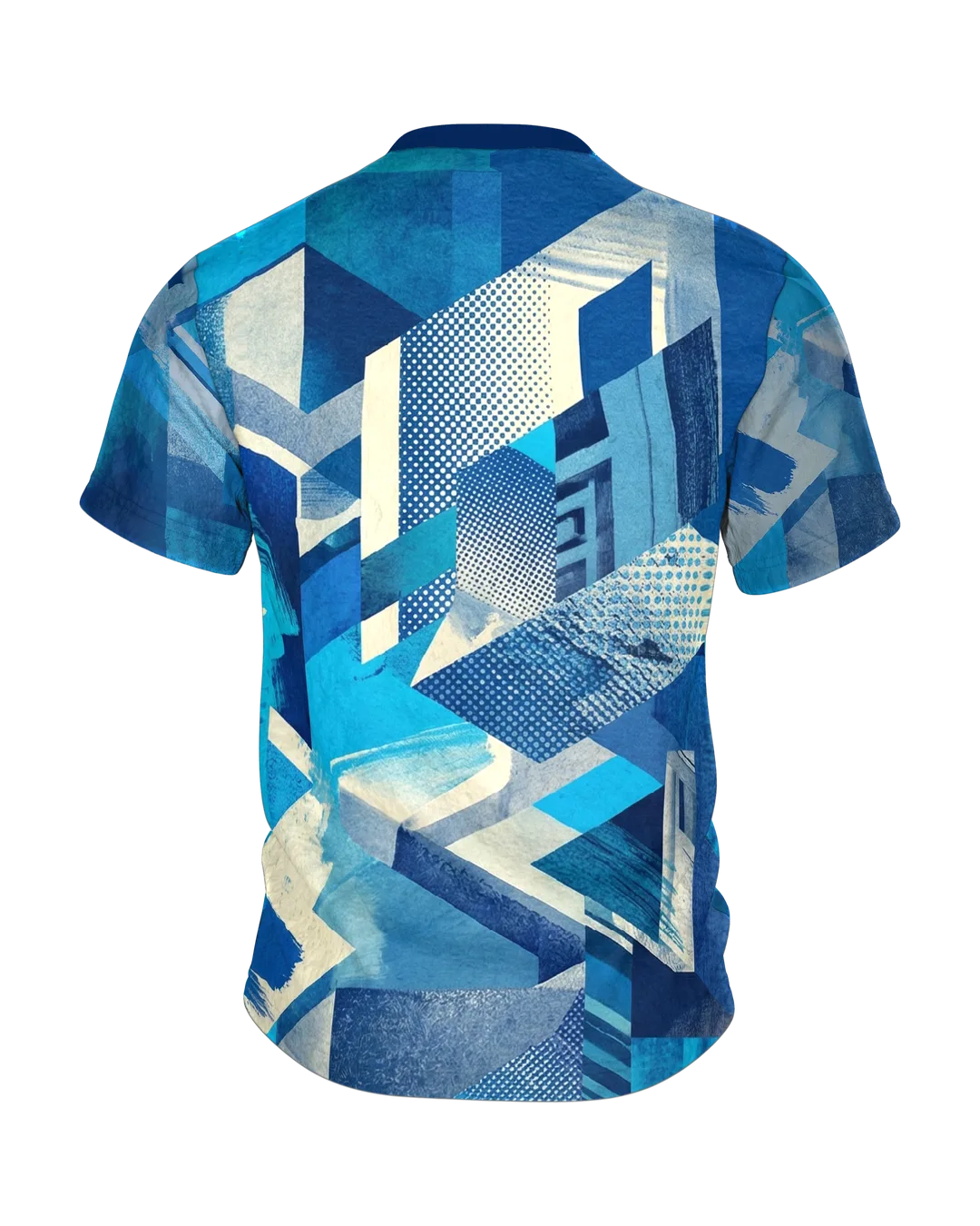 Aqua Pop-Art T-Shirt: Wasserblau trifft Rasterkanten, Rückseite