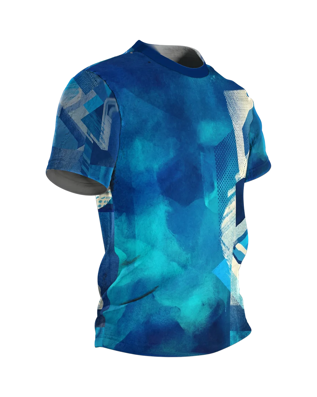 Aqua Pop-Art T-Shirt: Wasserblau trifft Rasterkanten, Seitenansicht links