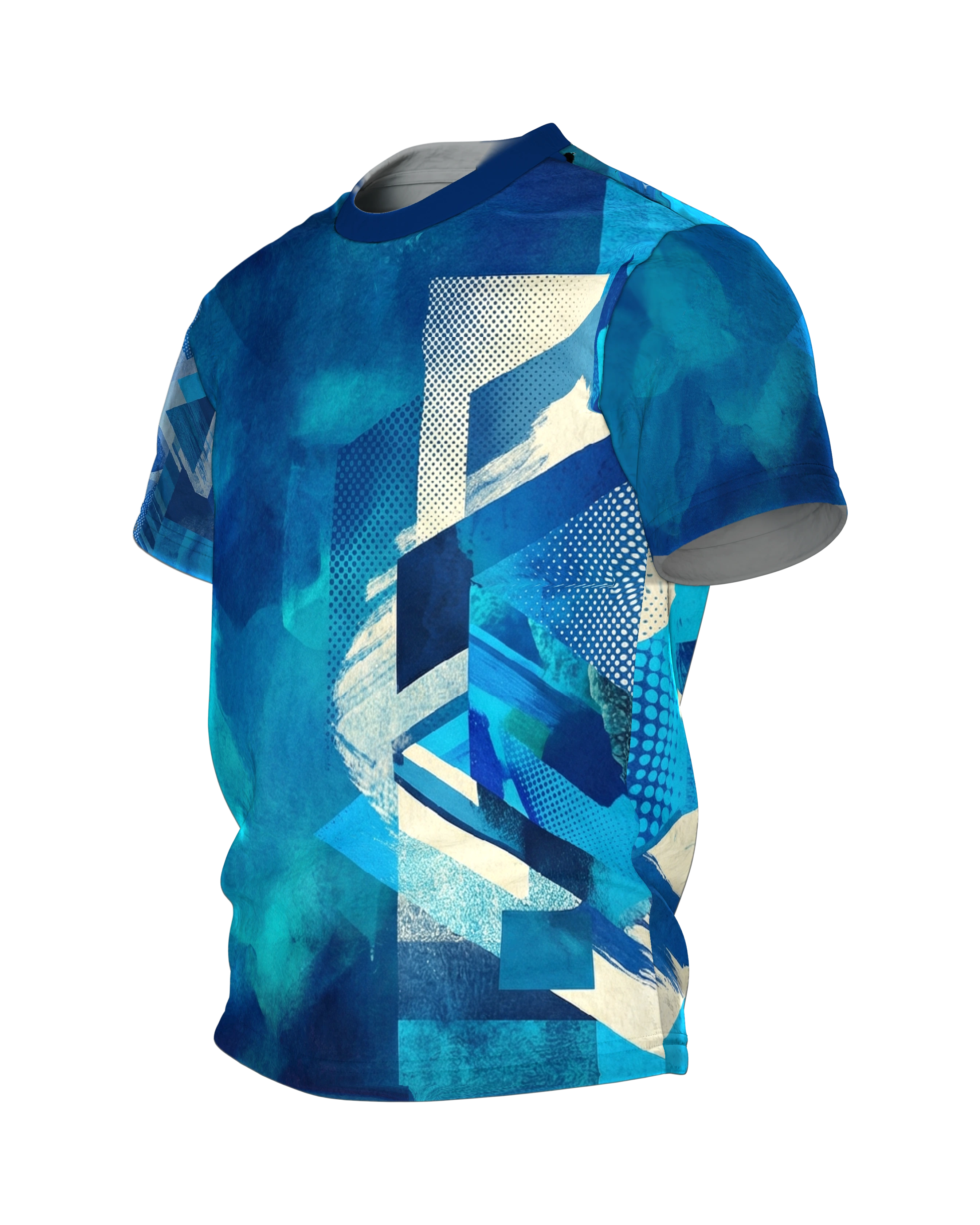 Aqua Pop-Art T-Shirt: Wasserblau trifft Rasterkanten, Seitenansicht rechts