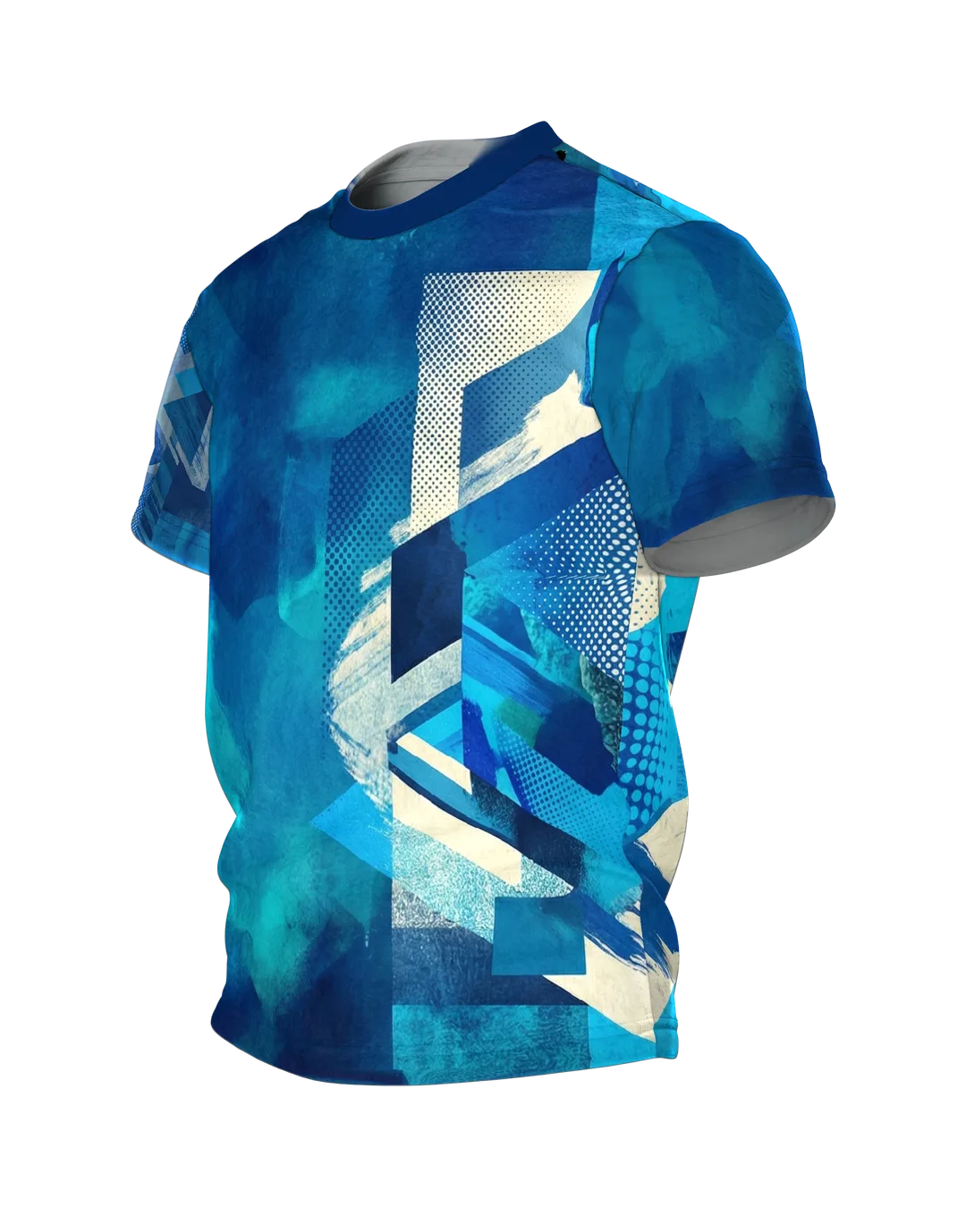 Aqua Pop-Art T-Shirt: Wasserblau trifft Rasterkanten, Seitenansicht rechts