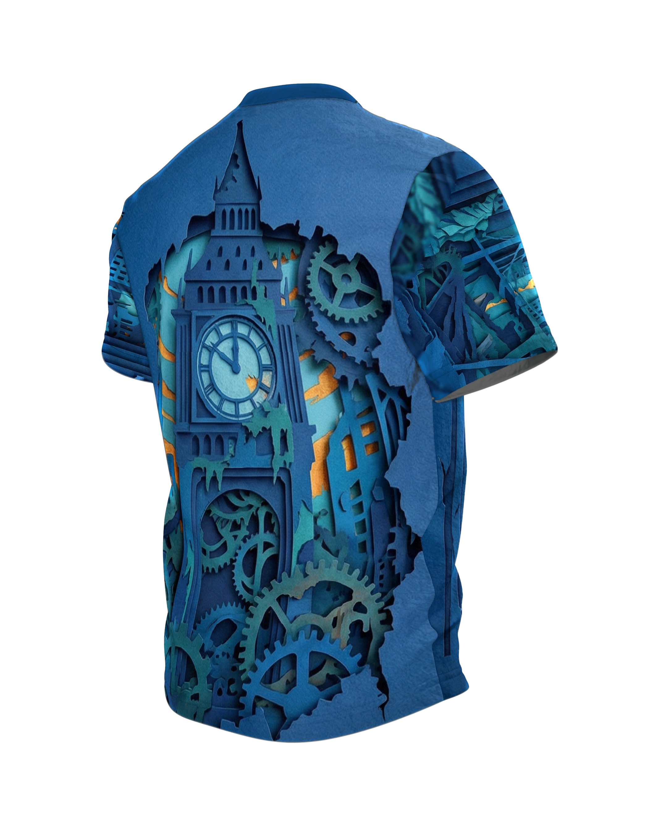Dystopische Metropole T-Shirt: 3D Paper-Cut Art, Rückseite schräg links