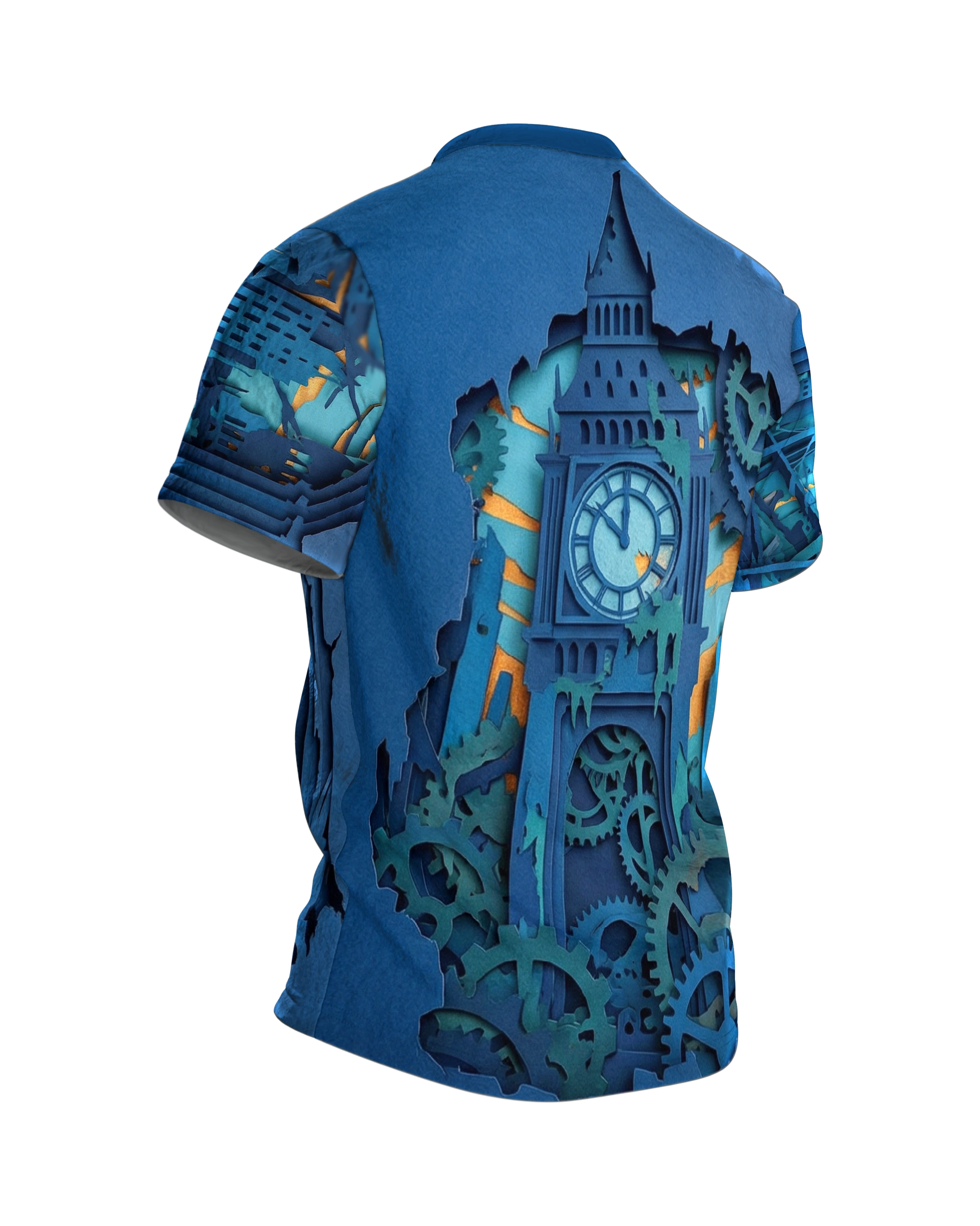 Dystopische Metropole T-Shirt: 3D Paper-Cut Art, Rückseite schräg rechts