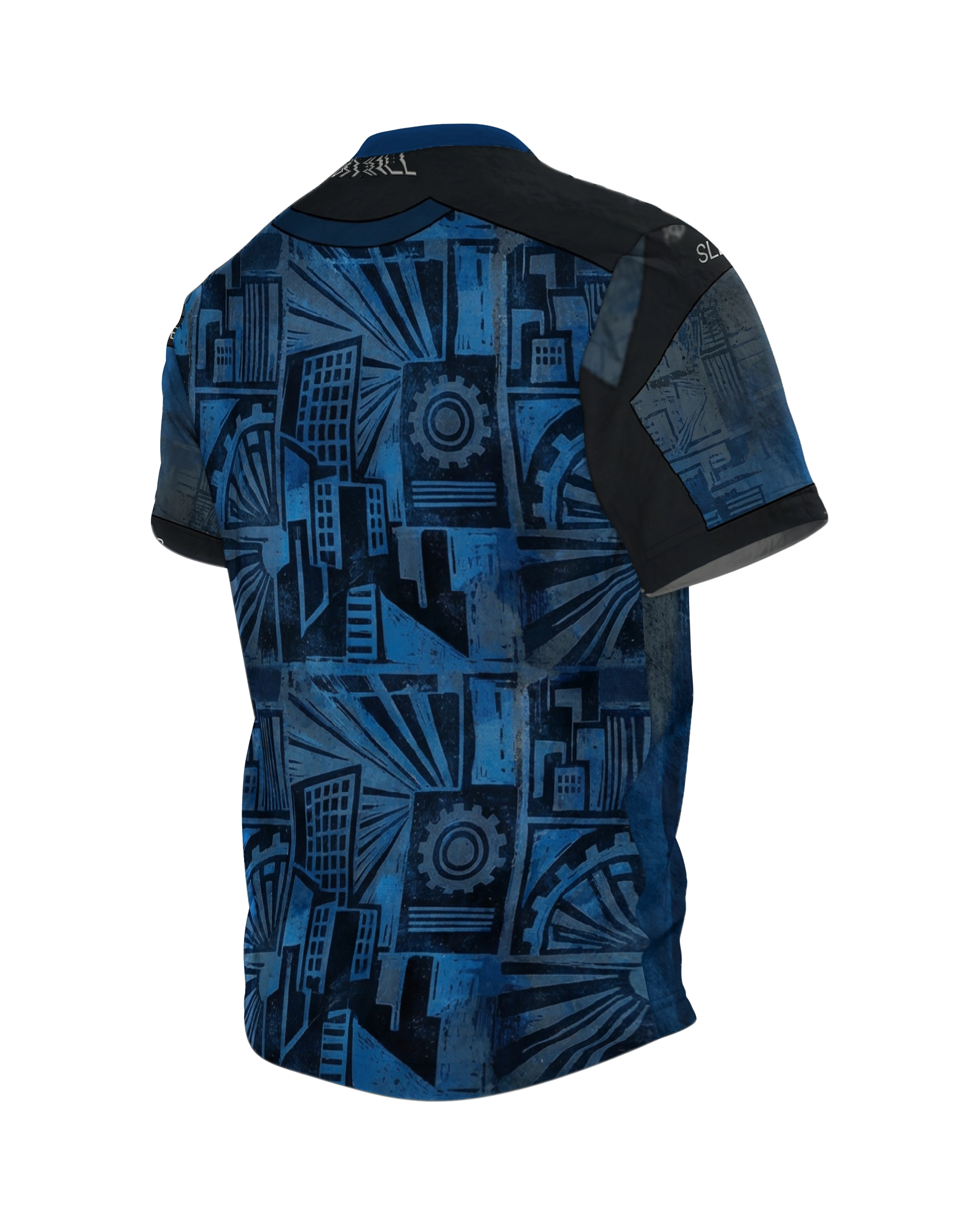 Cyberpunk Metropolis T-Shirt: Dunkelblau, Rückseite schräg links