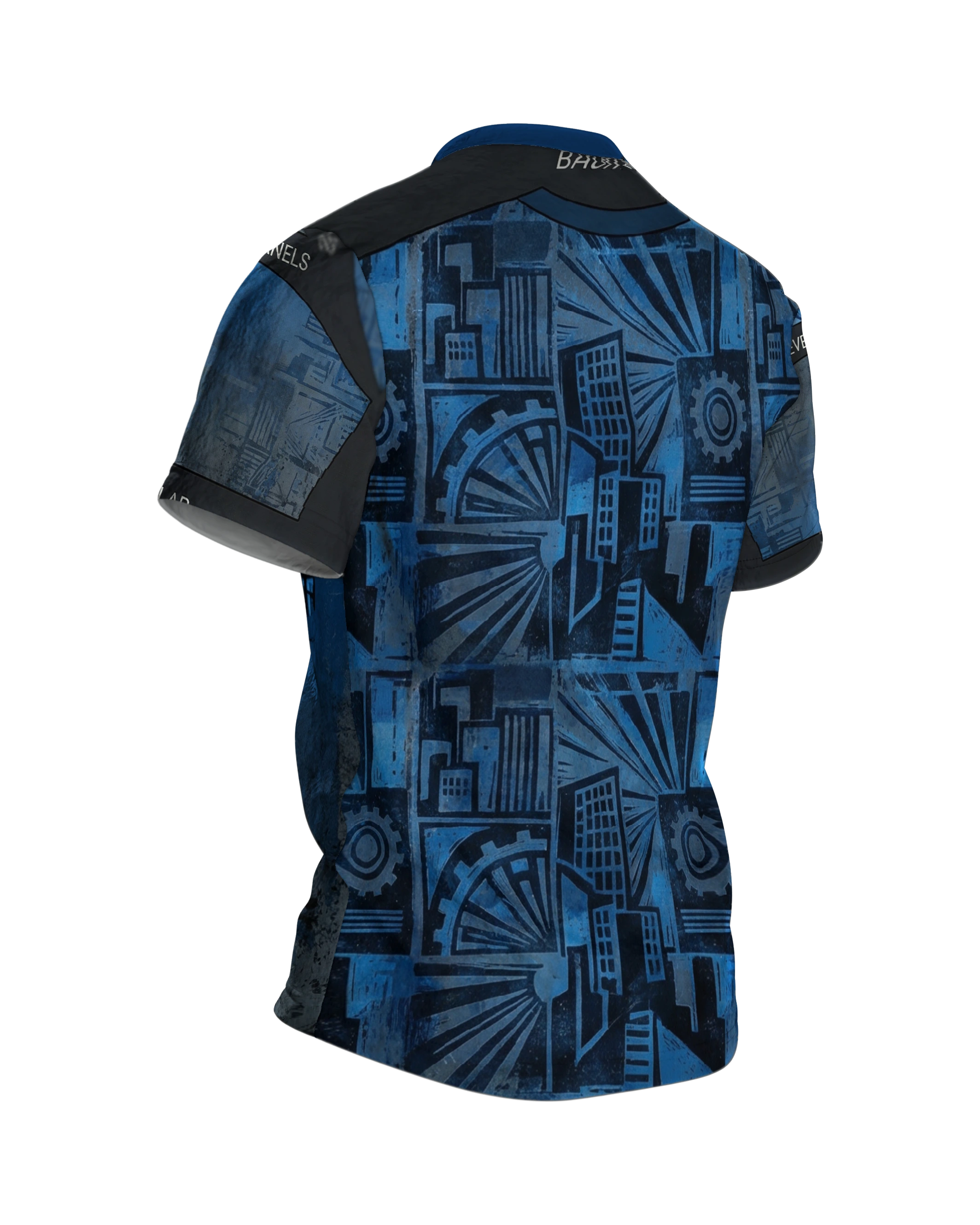 Cyberpunk Metropolis T-Shirt: Dunkelblau, Rückseite schräg rechts