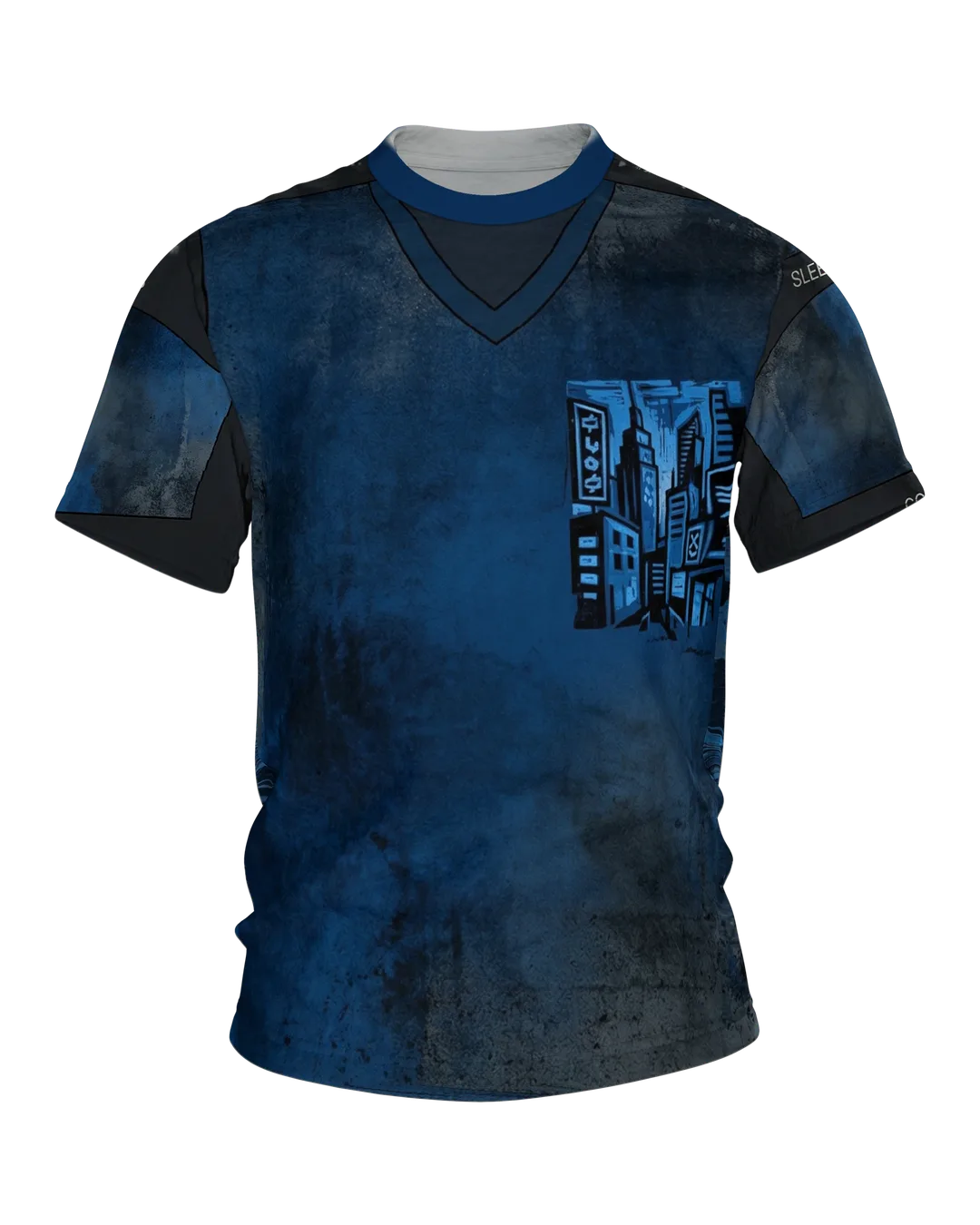 Cyberpunk Metropolis T-Shirt: Dunkelblau