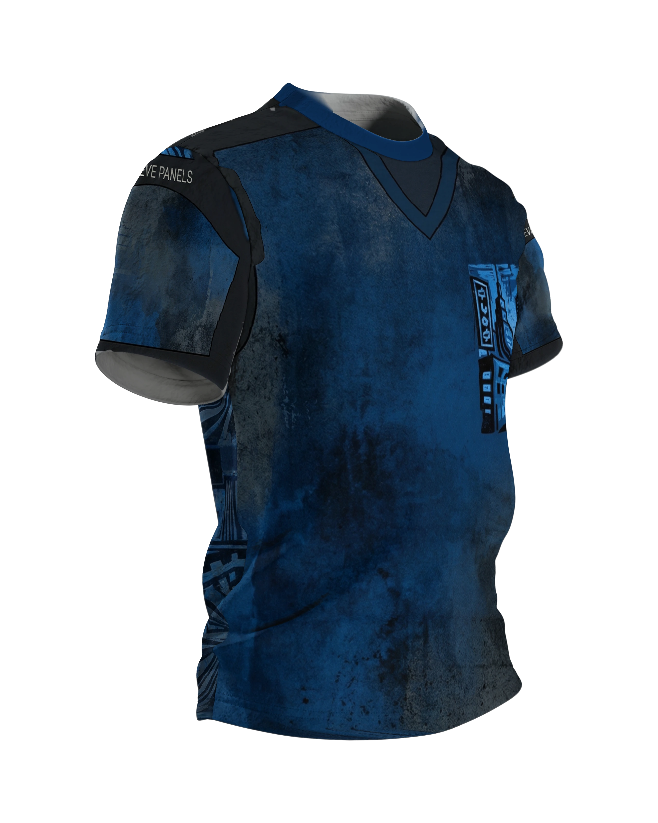 Cyberpunk Metropolis T-Shirt: Dunkelblau, Seitenansicht links