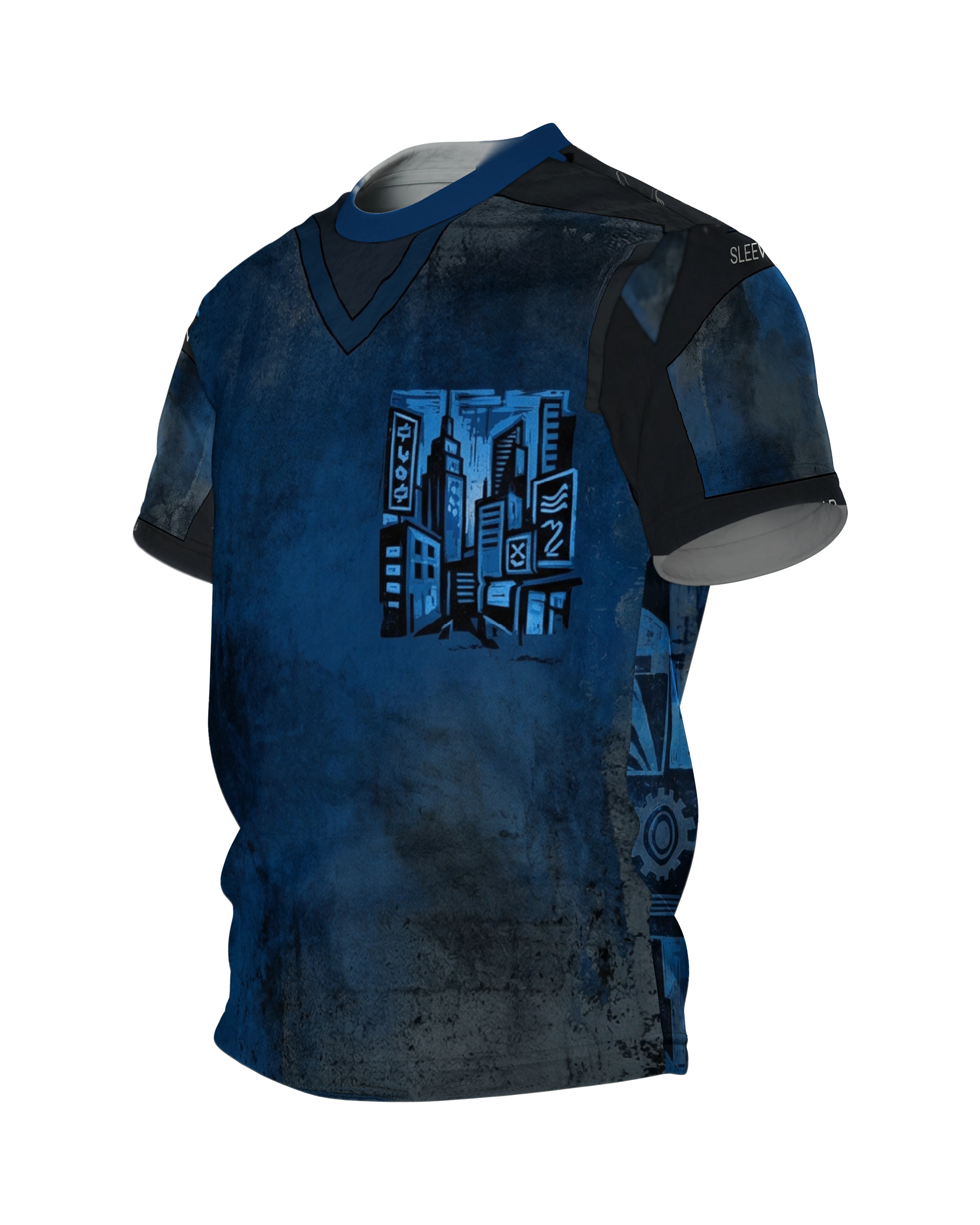 Cyberpunk Metropolis T-Shirt: Dunkelblau, Seitenansicht rechts