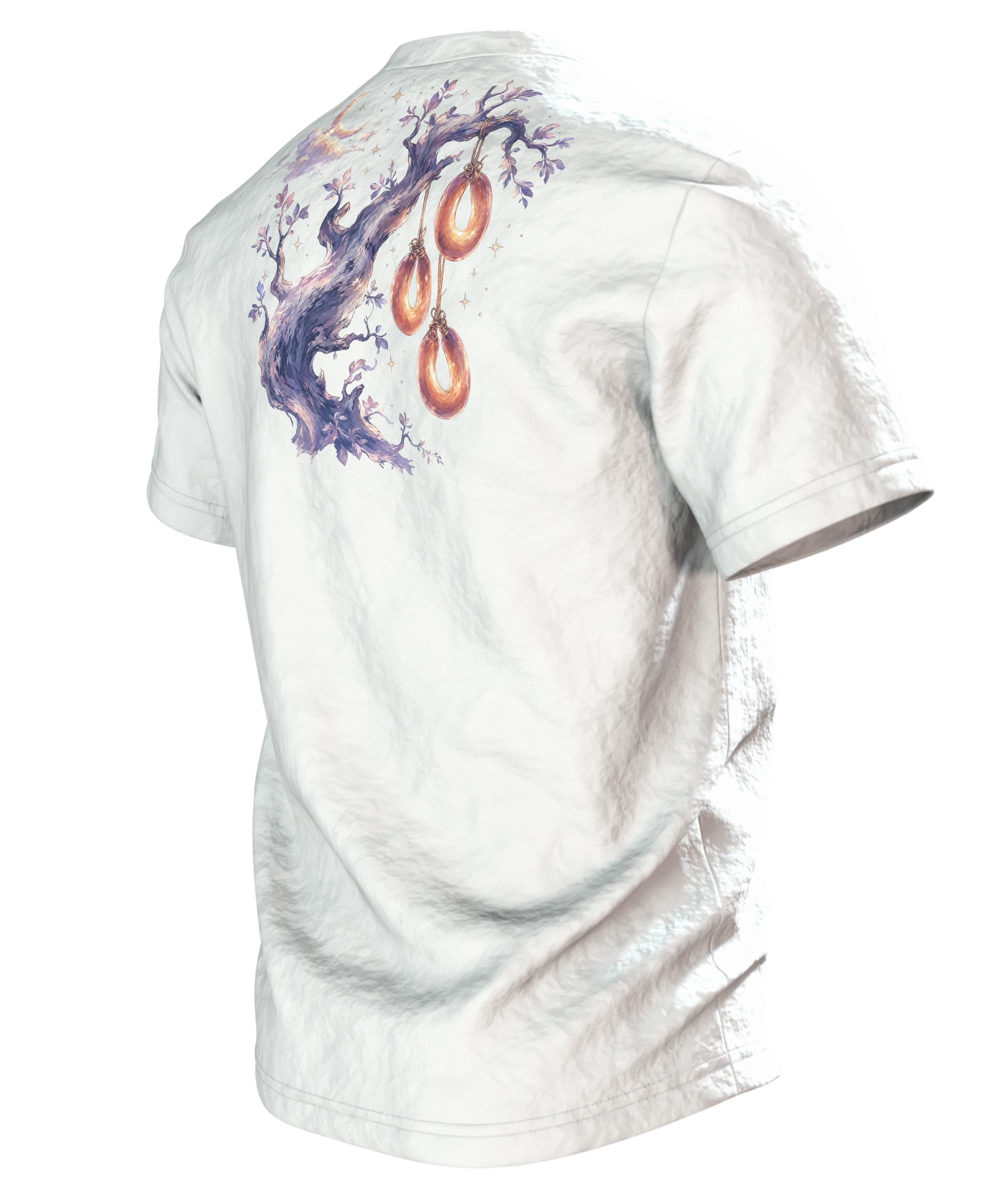 Wurstbaum Märchen T-Shirt, Aquarell-Baum mit Wurst-Ringen unter Mond und Sternen, Rückseite schräg links
