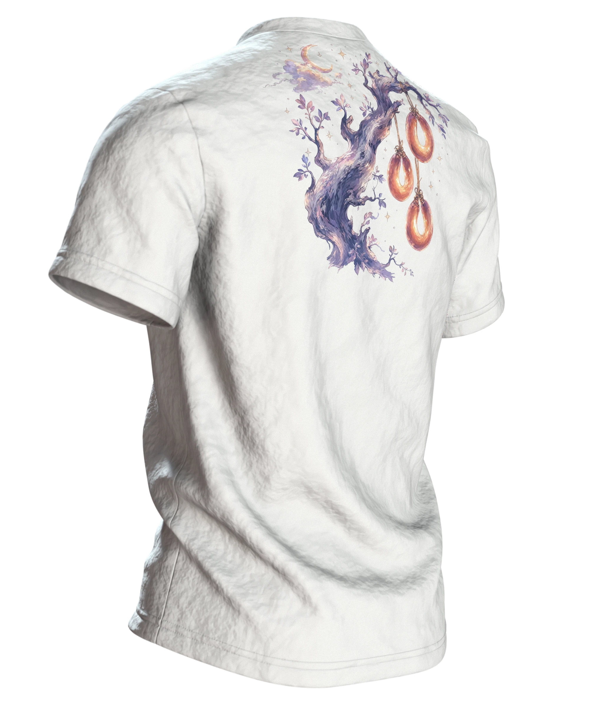 Wurstbaum Märchen T-Shirt, Aquarell-Baum mit Wurst-Ringen unter Mond und Sternen, Rückseite schräg rechts