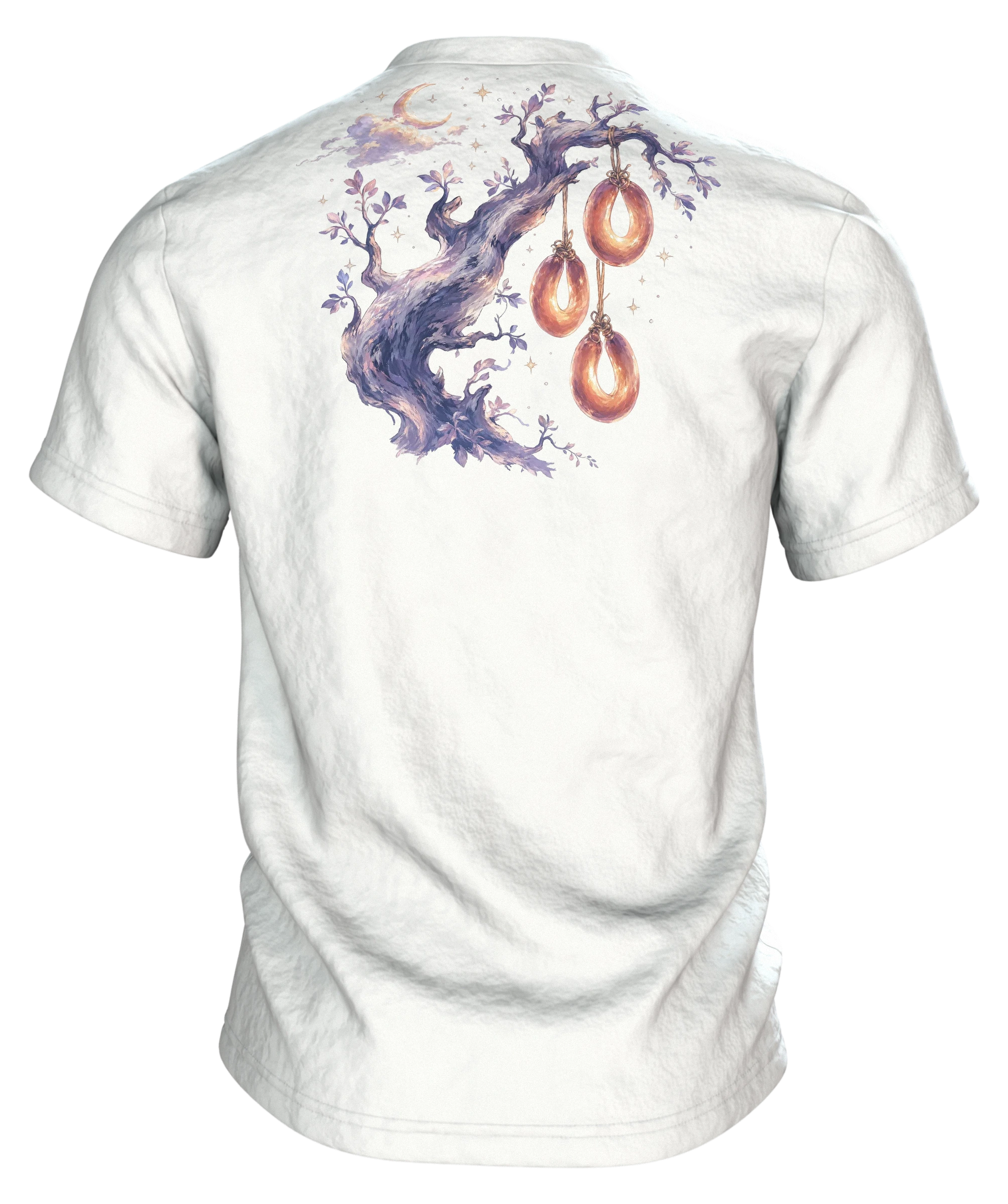 Wurstbaum Märchen T-Shirt, Aquarell-Baum mit Wurst-Ringen unter Mond und Sternen, Rückseite
