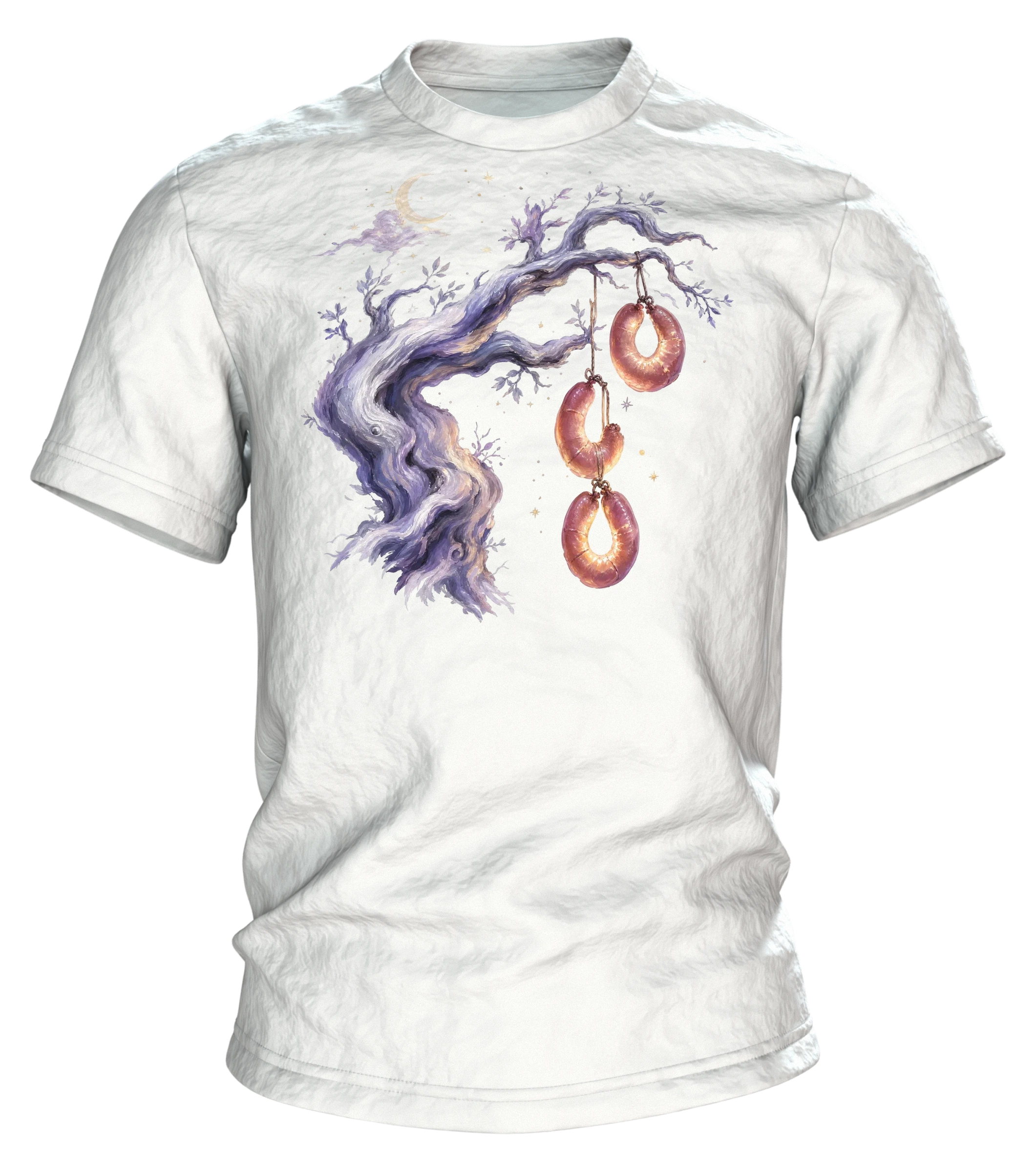 Wurstbaum Märchen T-Shirt, Aquarell-Baum mit Wurst-Ringen unter Mond und Sternen, Vorderseite