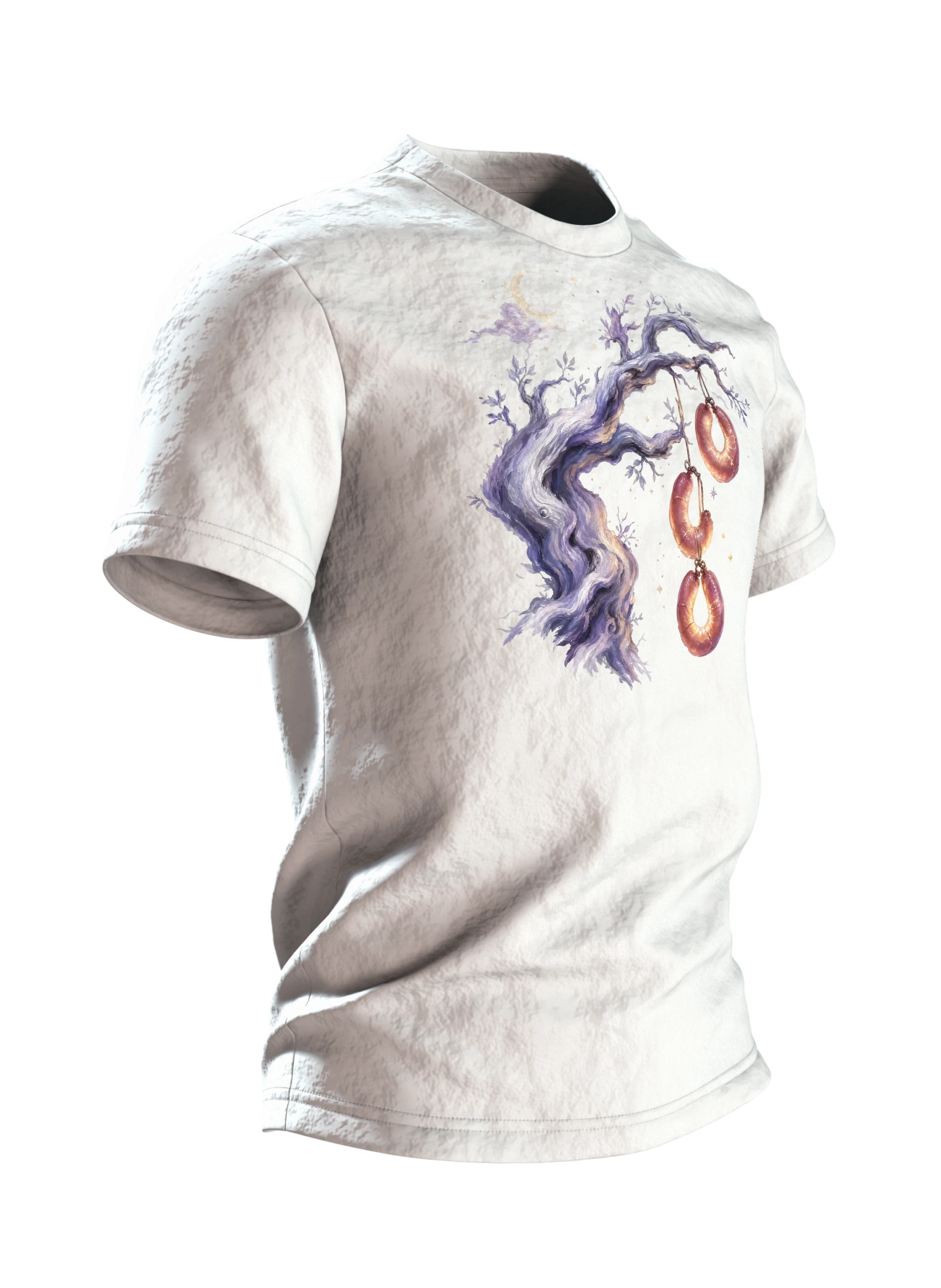 Wurstbaum Märchen T-Shirt, Aquarell-Baum mit Wurst-Ringen unter Mond und Sternen, Seitenansicht links