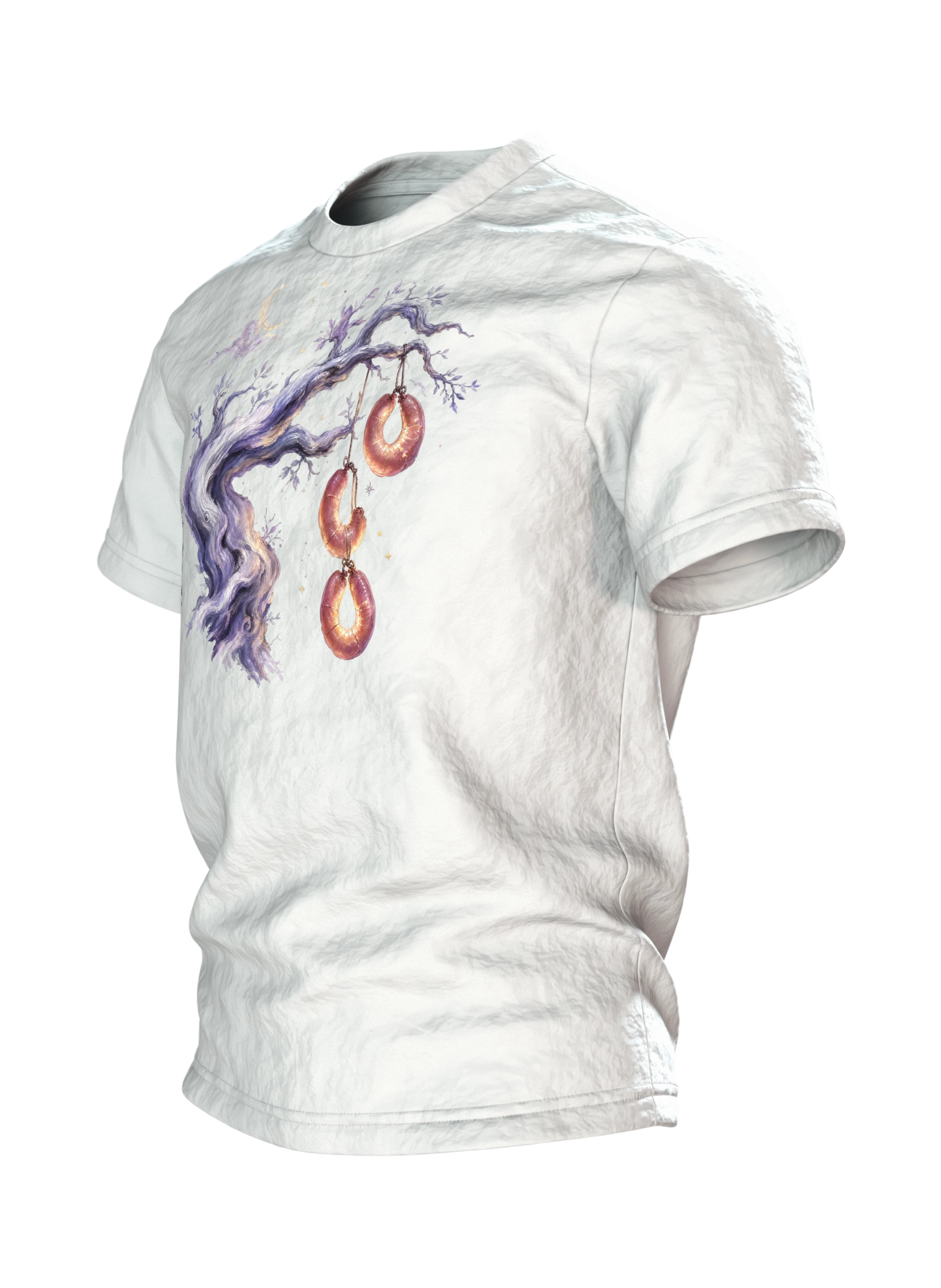 Wurstbaum Märchen T-Shirt, Aquarell-Baum mit Wurst-Ringen unter Mond und Sternen, Seitenansicht rechts