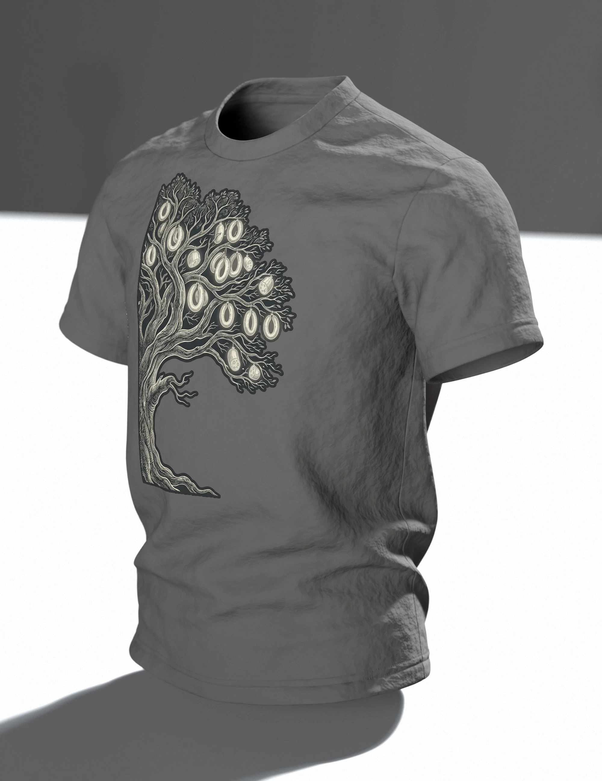 romantischer grosser Märchenbaum T-Shirt, Premium Unikat, Im Raum, schräg