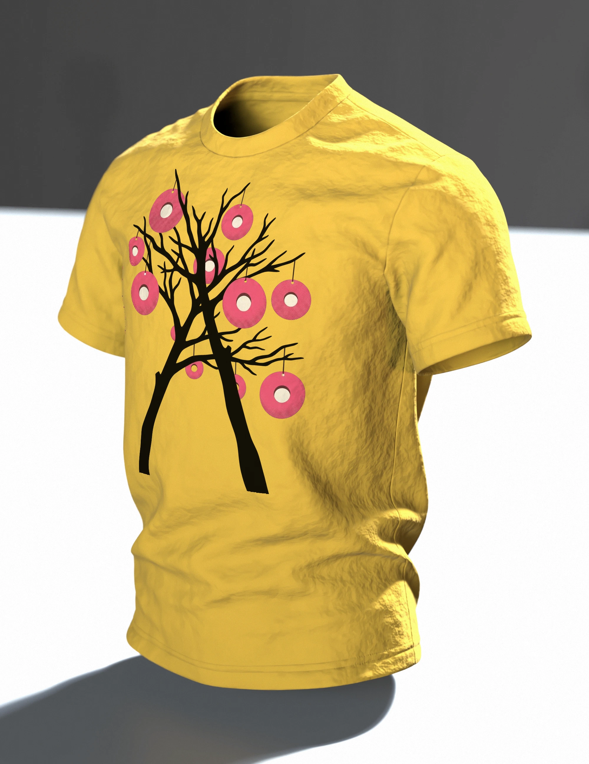 träumerischer Märchenbaum an dem statt Früchten viele T-Shirt, Im Raum, schräg