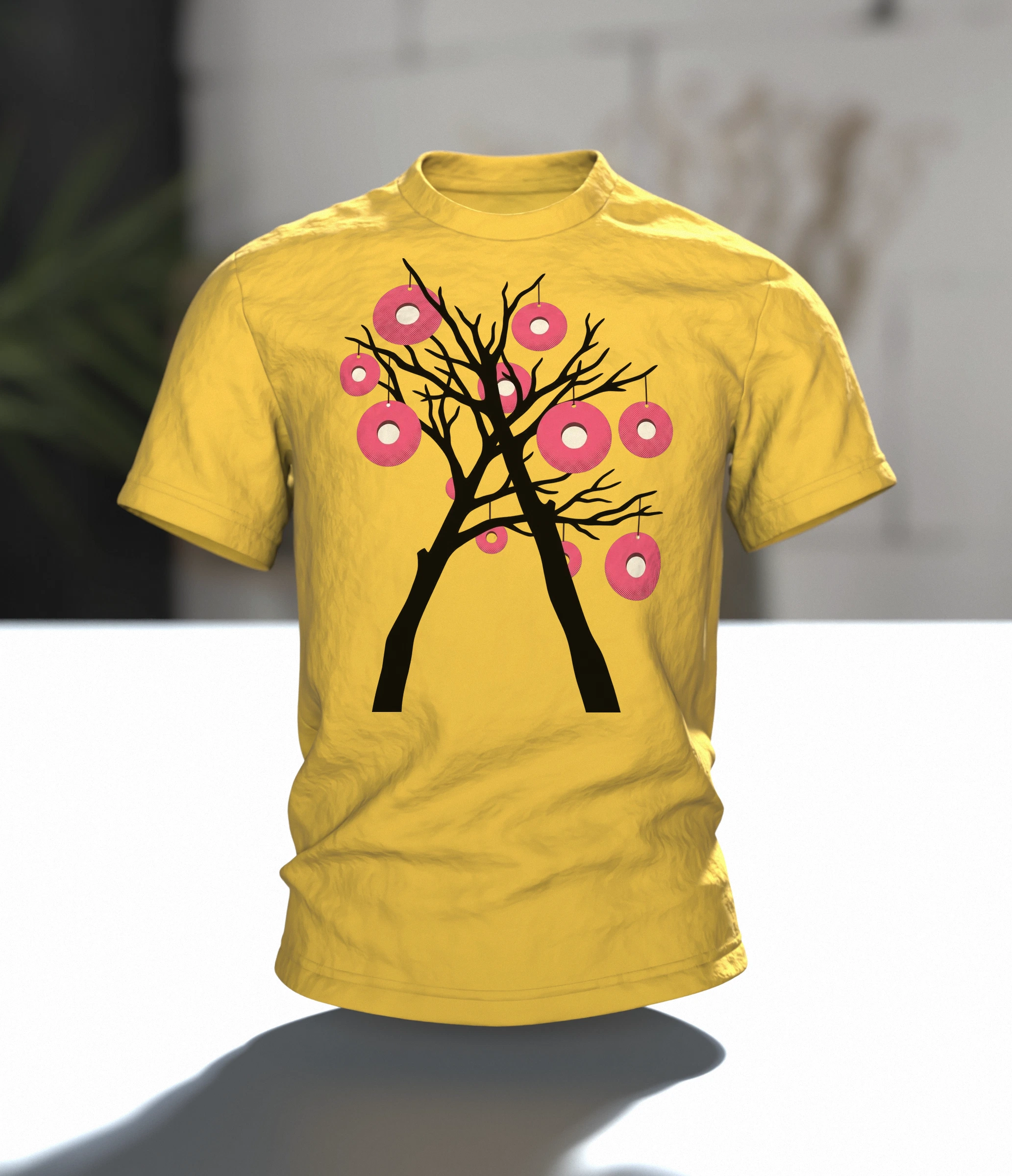 träumerischer Märchenbaum an dem statt Früchten viele T-Shirt, Im Raum