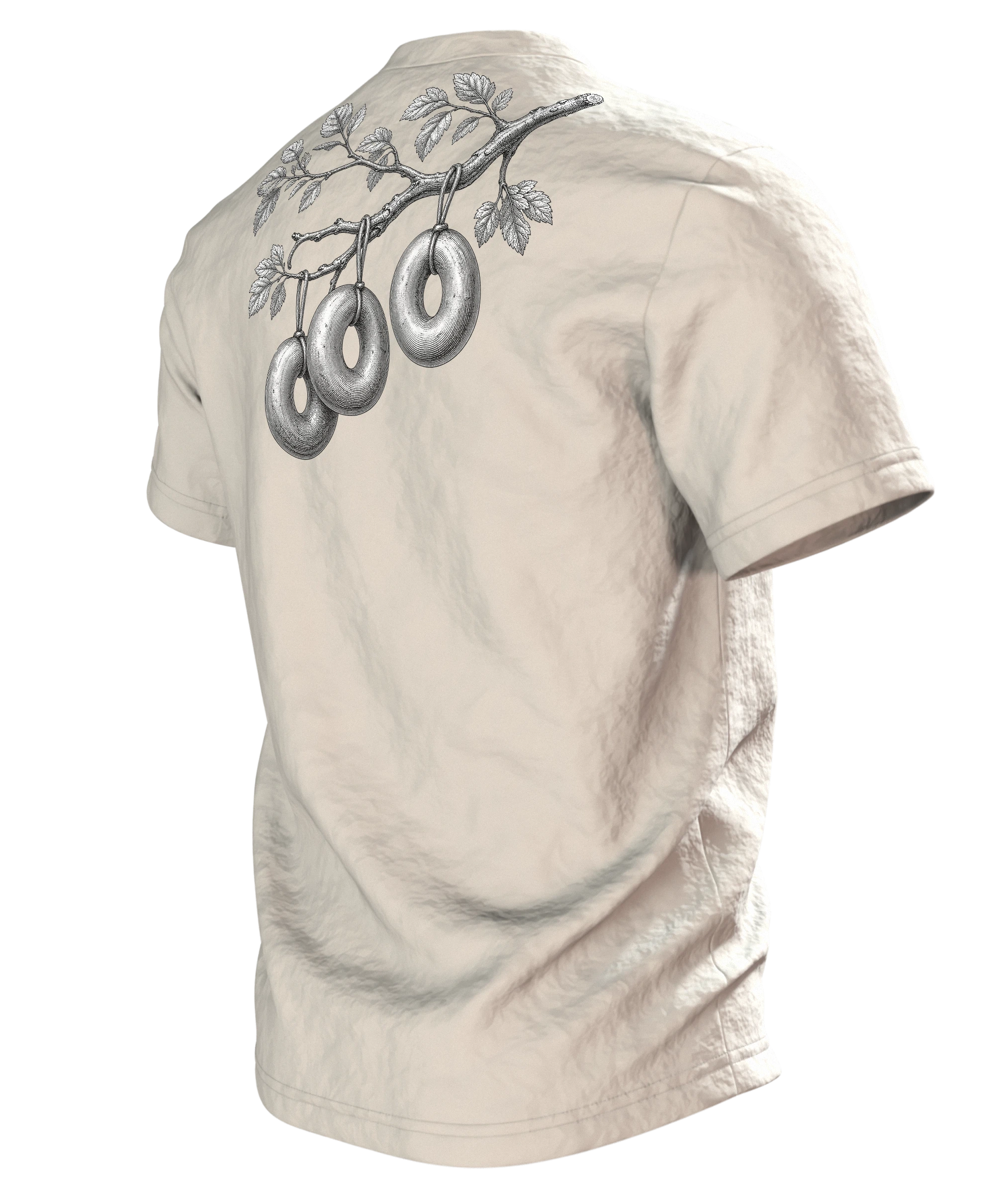 Wurstbaum Stich T-Shirt, botanische Gravur mit Wurst-Ästen in Schwarzweiß, Rückseite schräg links