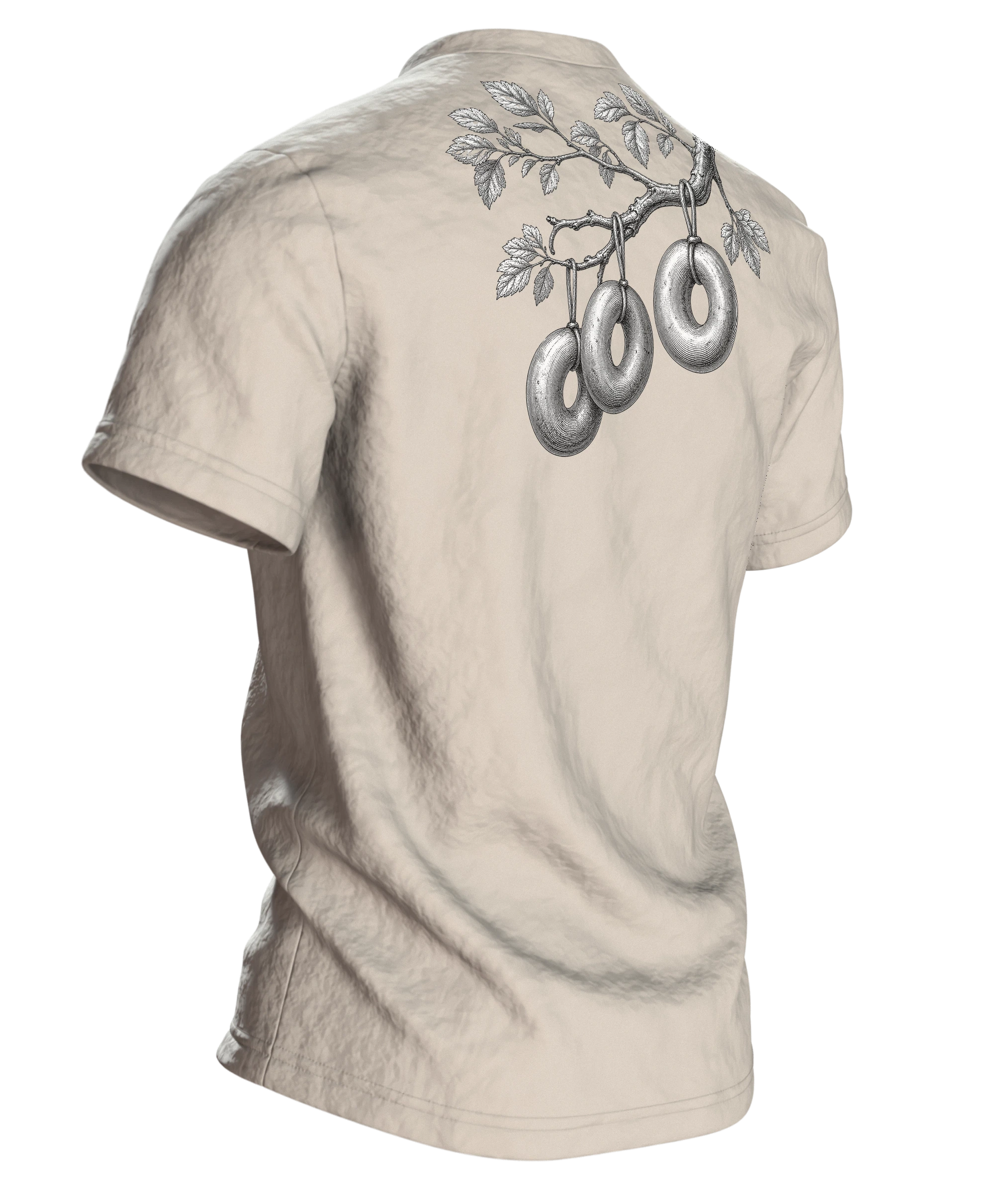 Wurstbaum Stich T-Shirt, botanische Gravur mit Wurst-Ästen in Schwarzweiß, Rückseite schräg rechts
