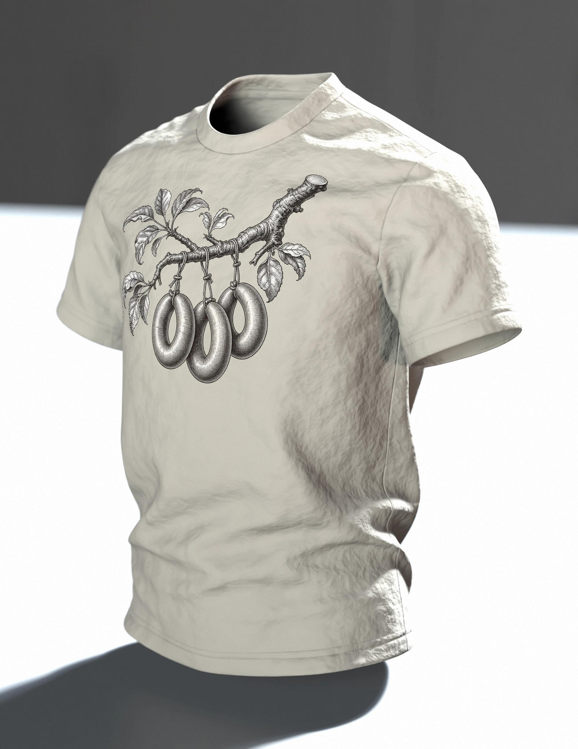 Wurstbaum Stich T-Shirt, botanische Gravur mit Wurst-Ästen in Schwarzweiß, Im Raum, schräg