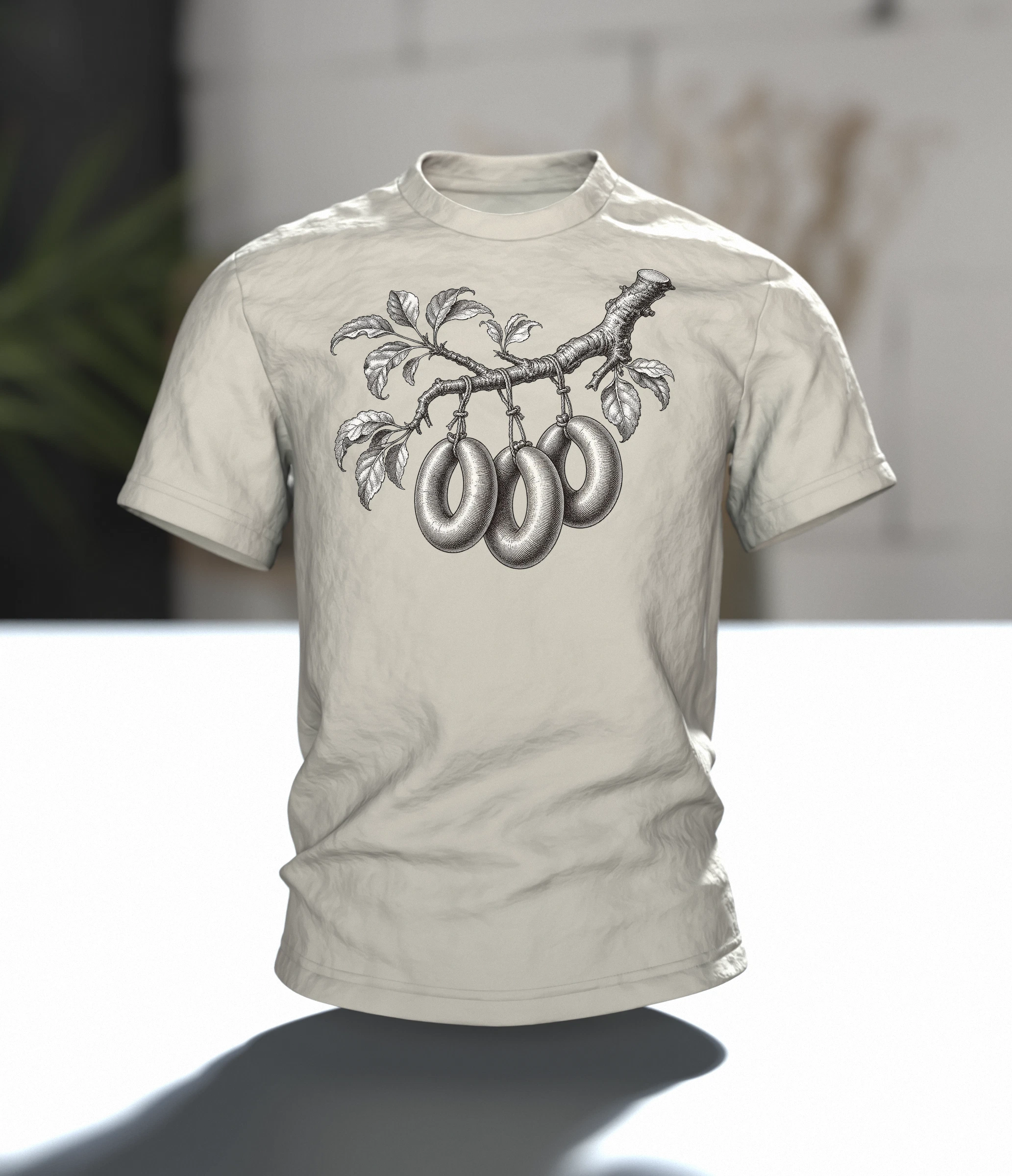 Wurstbaum Stich T-Shirt, botanische Gravur mit Wurst-Ästen in Schwarzweiß, Im Raum