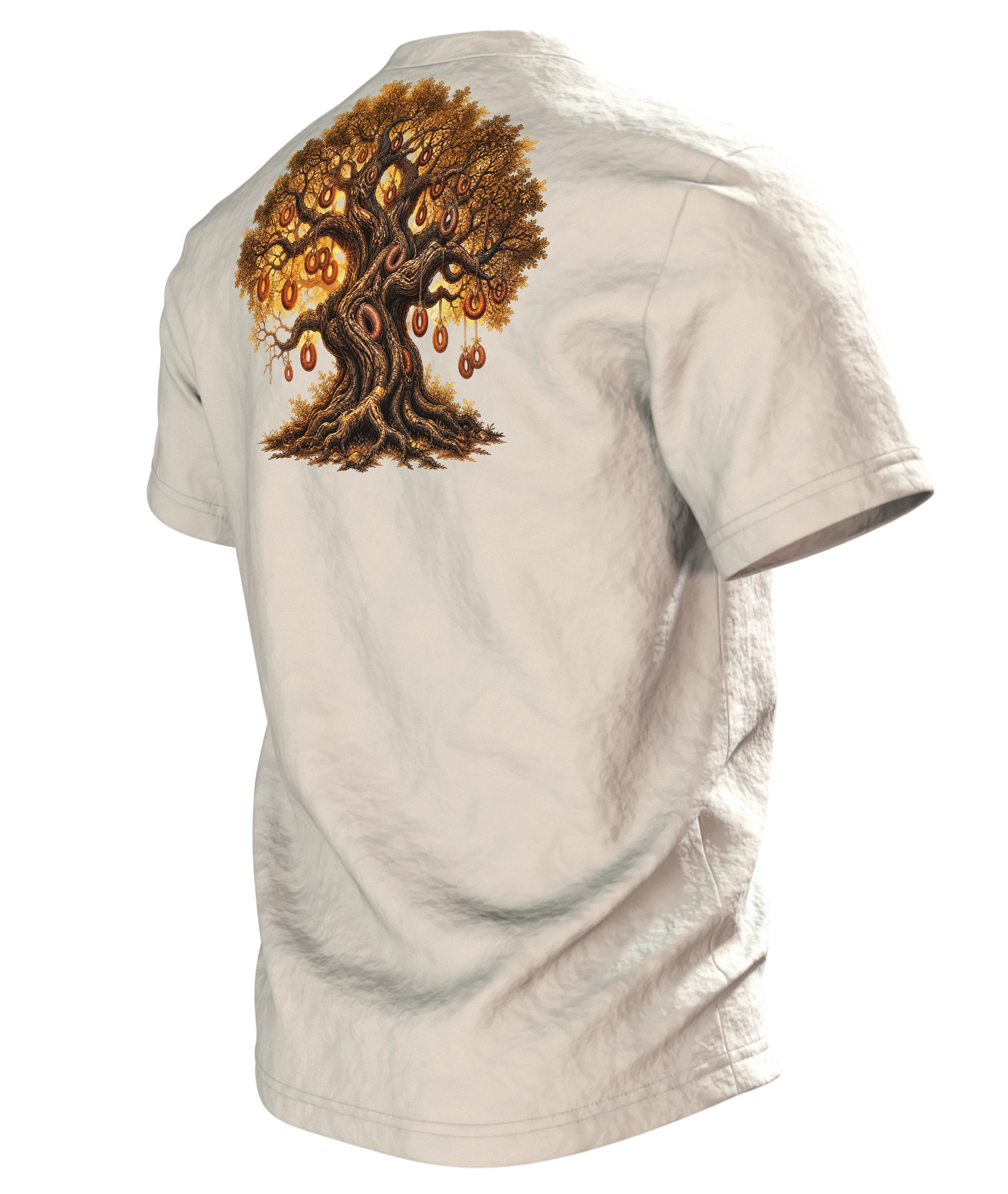 Wurstbaum Eiche T-Shirt, Fantasy-Märchenbaum mit Wurstkränzen im Goldlicht, Rückseite schräg links