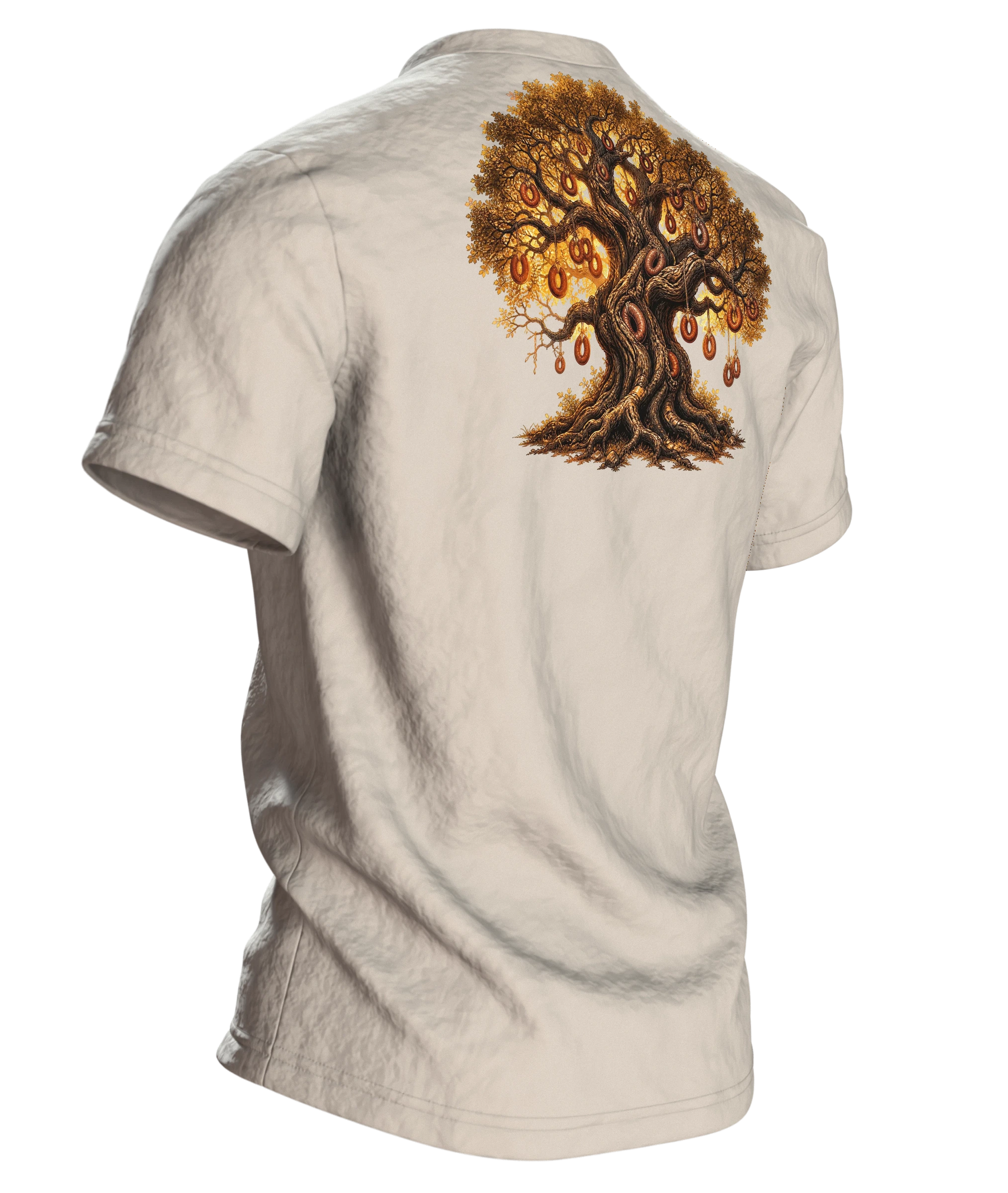 Wurstbaum Eiche T-Shirt, Fantasy-Märchenbaum mit Wurstkränzen im Goldlicht, Rückseite schräg rechts
