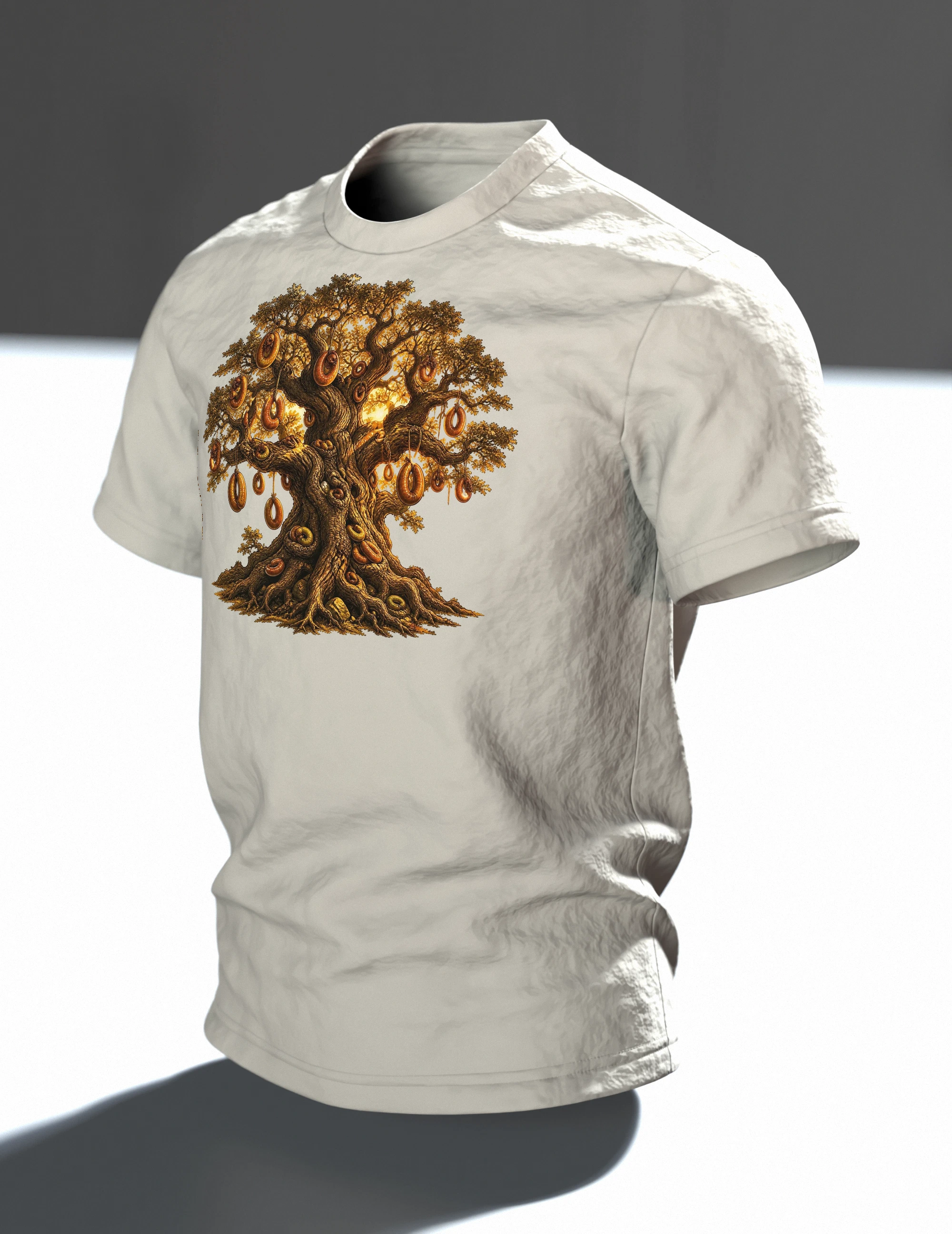 Wurstbaum Eiche T-Shirt, Fantasy-Märchenbaum mit Wurstkränzen im Goldlicht, Im Raum, schräg