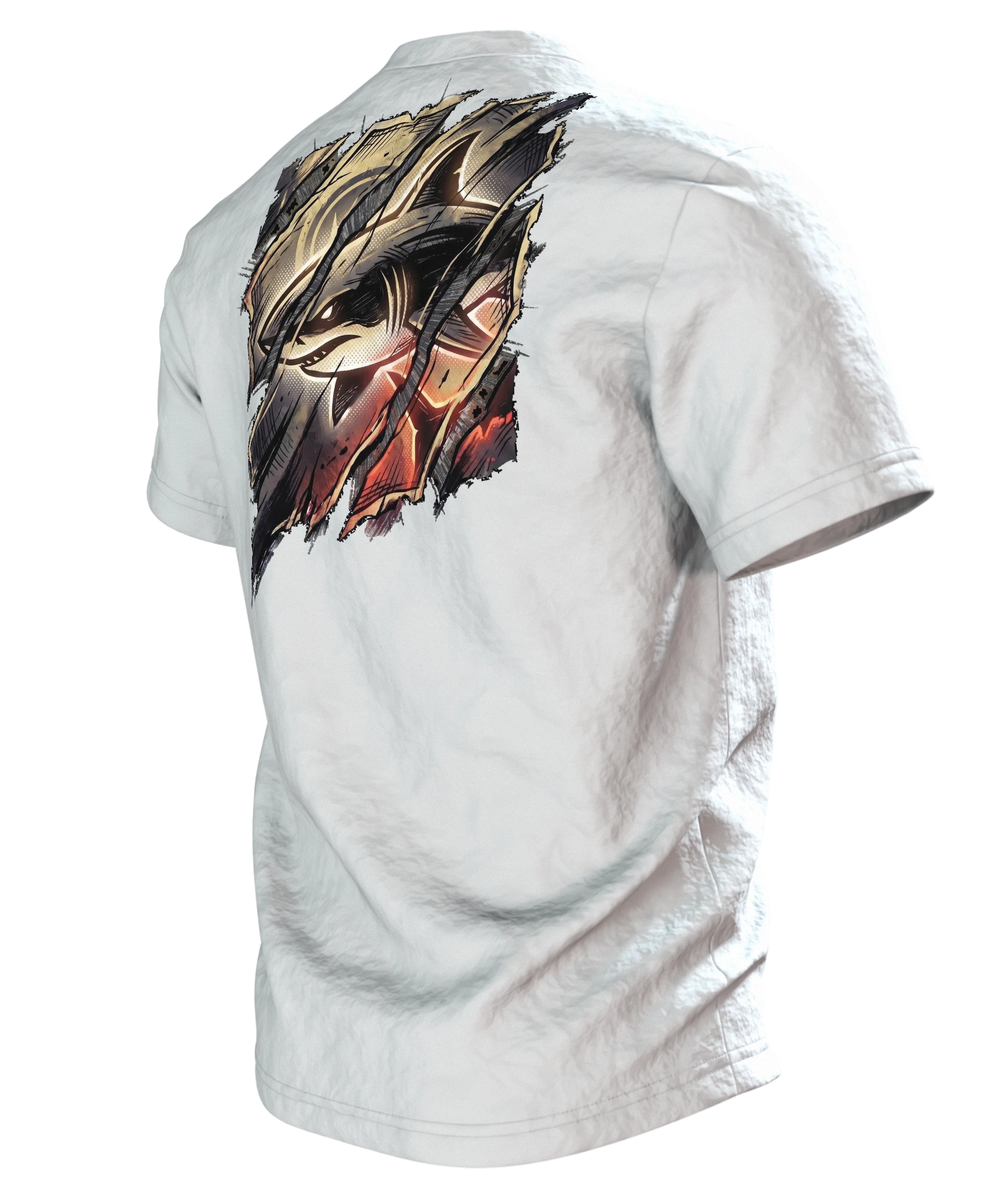 Hai Streetwear T-Shirt, Cyan-Hai hinter aufgerissenen Papierbahnen, Glutfassung in Sepia auf dem Rücken, Rückseite schräg links