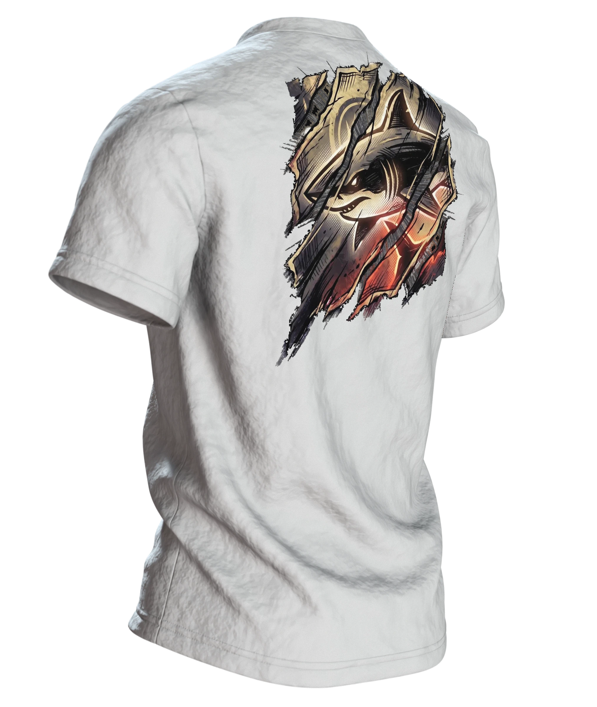 Hai Streetwear T-Shirt, Cyan-Hai hinter aufgerissenen Papierbahnen, Glutfassung in Sepia auf dem Rücken, Rückseite schräg rechts
