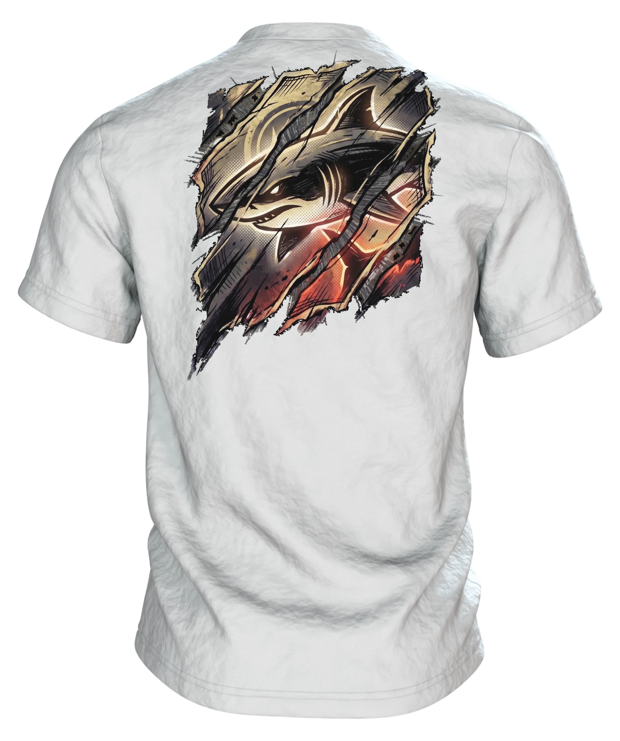 Hai Streetwear T-Shirt, Cyan-Hai hinter aufgerissenen Papierbahnen, Glutfassung in Sepia auf dem Rücken, Rückseite