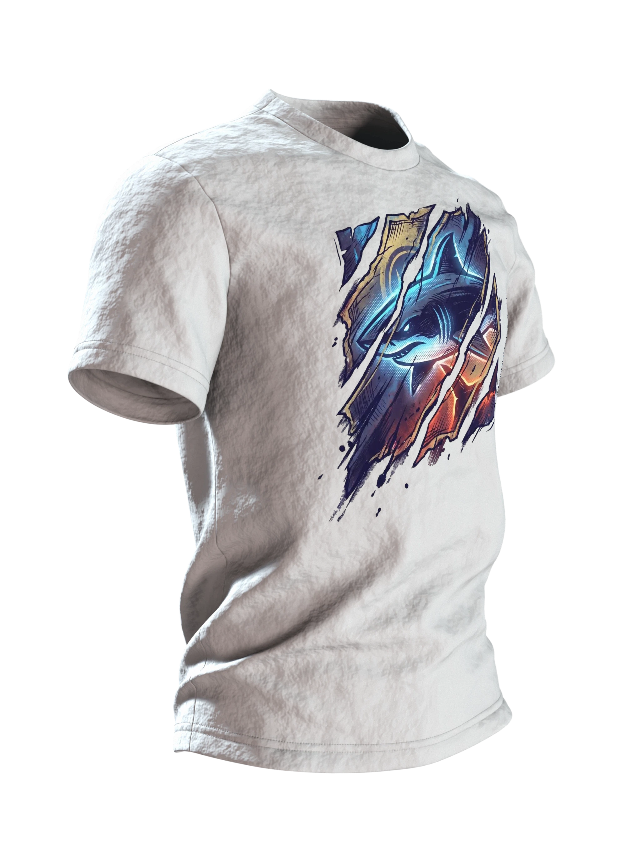 Hai Streetwear T-Shirt, Cyan-Hai hinter aufgerissenen Papierbahnen, Glutfassung in Sepia auf dem Rücken, Seitenansicht links