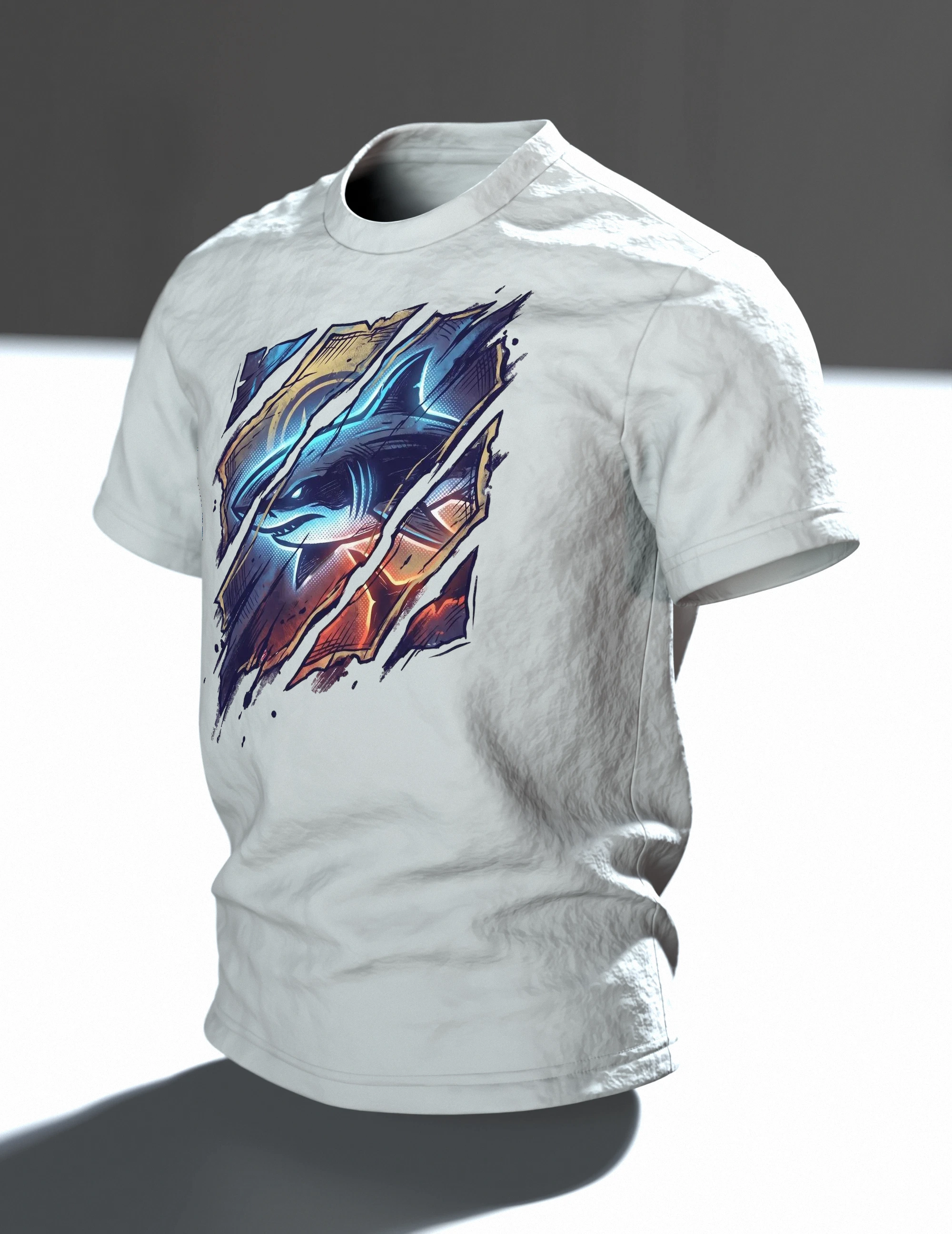 Hai Streetwear T-Shirt, Cyan-Hai hinter aufgerissenen Papierbahnen, Glutfassung in Sepia auf dem Rücken, Im Raum, schräg