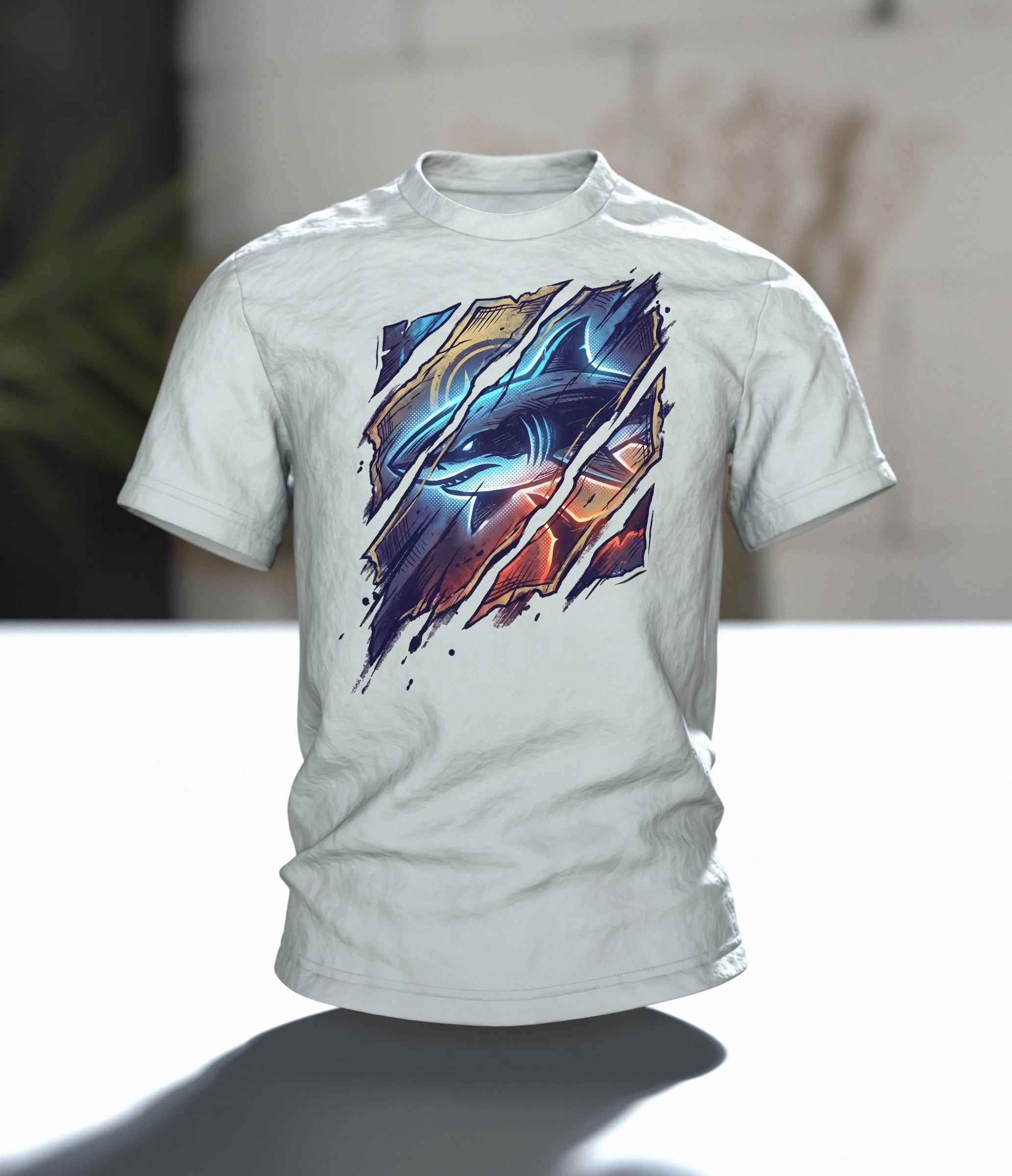 Hai Streetwear T-Shirt, Cyan-Hai hinter aufgerissenen Papierbahnen, Glutfassung in Sepia auf dem Rücken, Im Raum