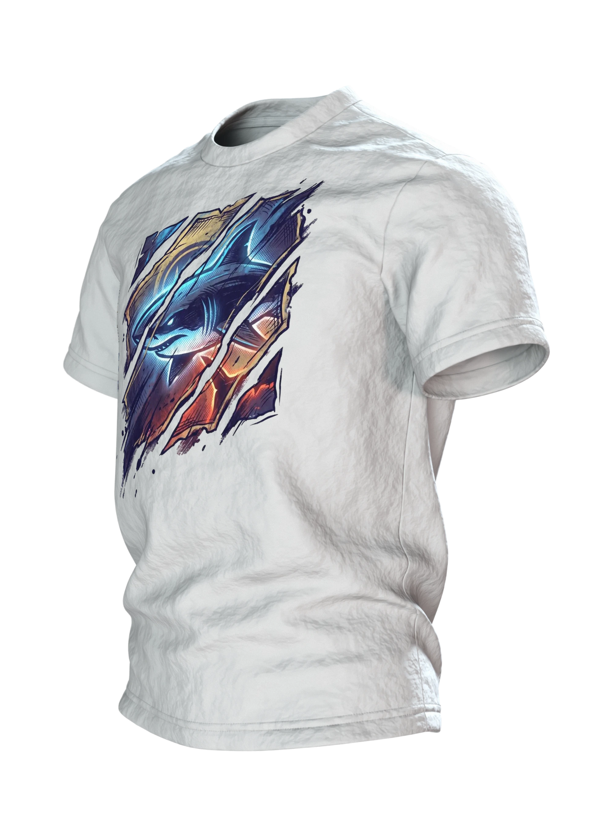 Hai Streetwear T-Shirt, Cyan-Hai hinter aufgerissenen Papierbahnen, Glutfassung in Sepia auf dem Rücken, Seitenansicht rechts