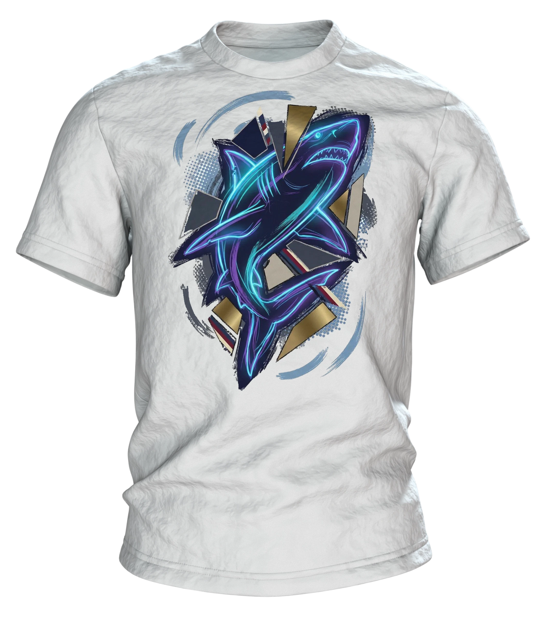 Neon Hai aus Lichtlinien: T-Shirt mit Cyan-Kontur über Gold-Scherben und Wellenkreis am Rücken, Vorderseite
