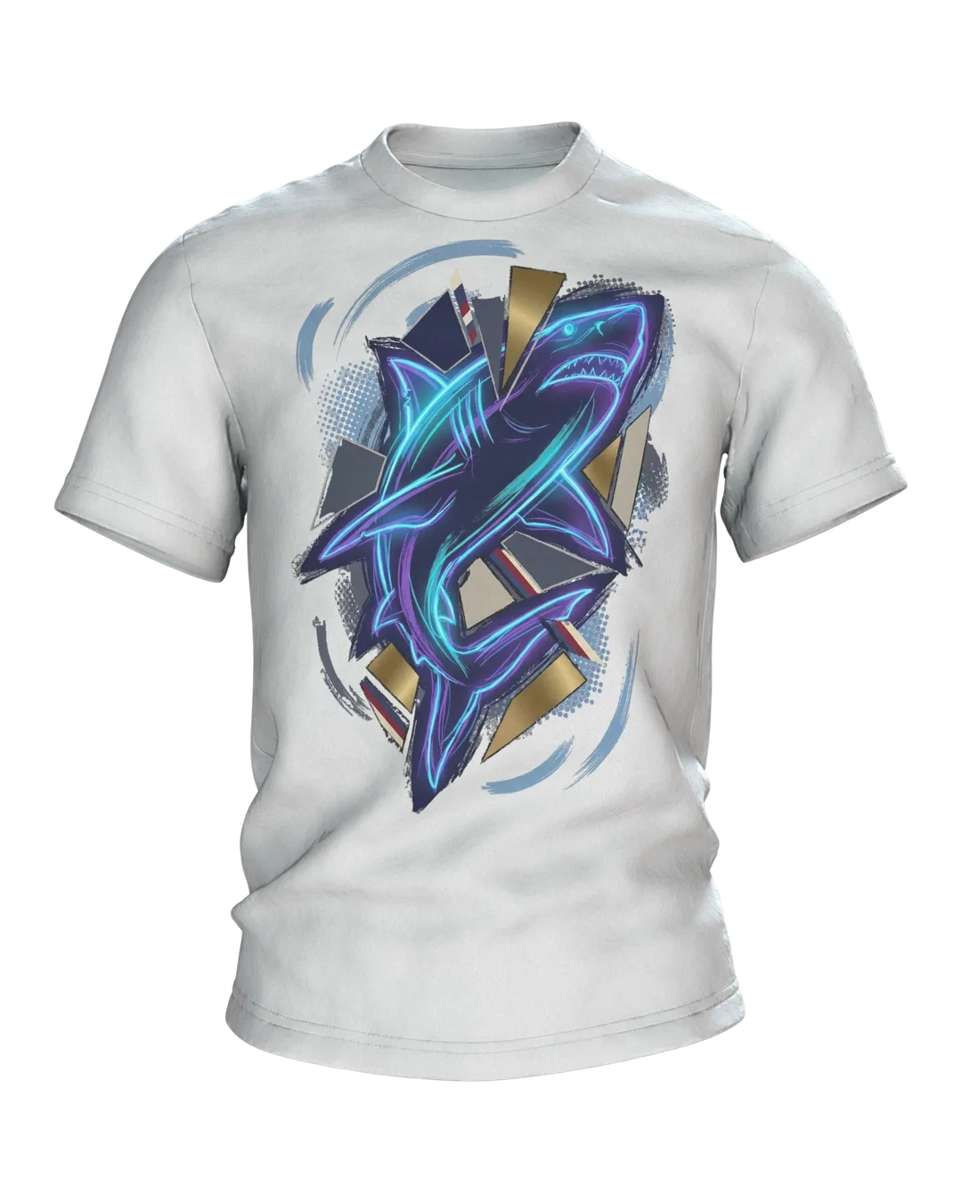 Neon Hai aus Lichtlinien: T-Shirt mit Cyan-Kontur über Gold-Scherben und Wellenkreis am Rücken