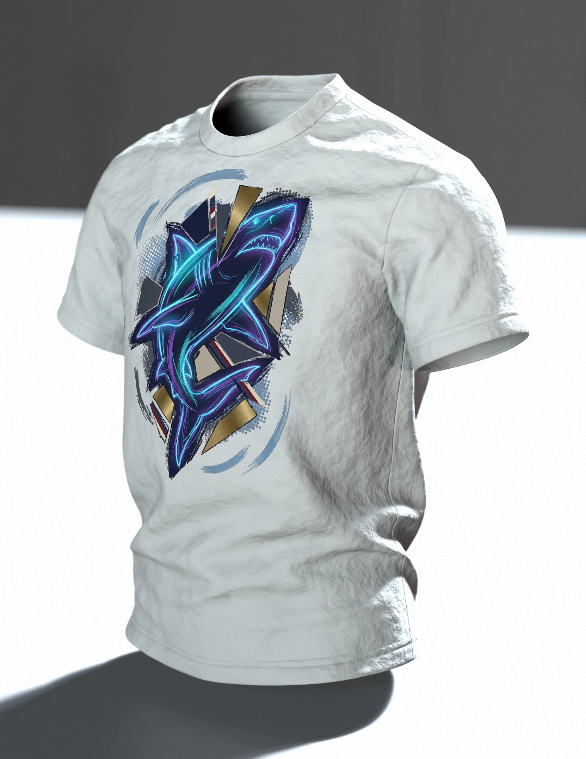 Neon Hai aus Lichtlinien: T-Shirt mit Cyan-Kontur über Gold-Scherben und Wellenkreis am Rücken, Im Raum, schräg