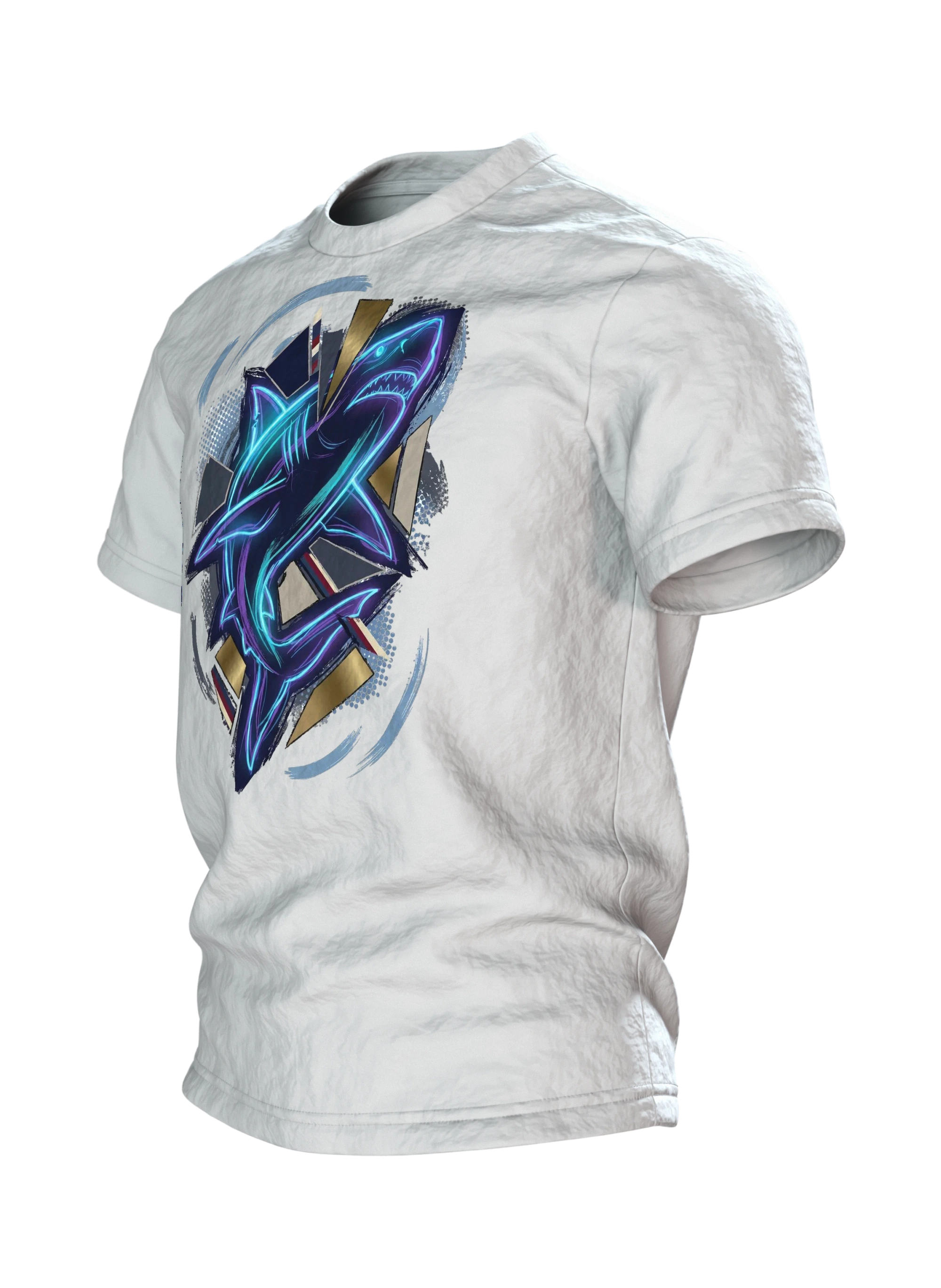 Neon Hai aus Lichtlinien: T-Shirt mit Cyan-Kontur über Gold-Scherben und Wellenkreis am Rücken, Seitenansicht rechts