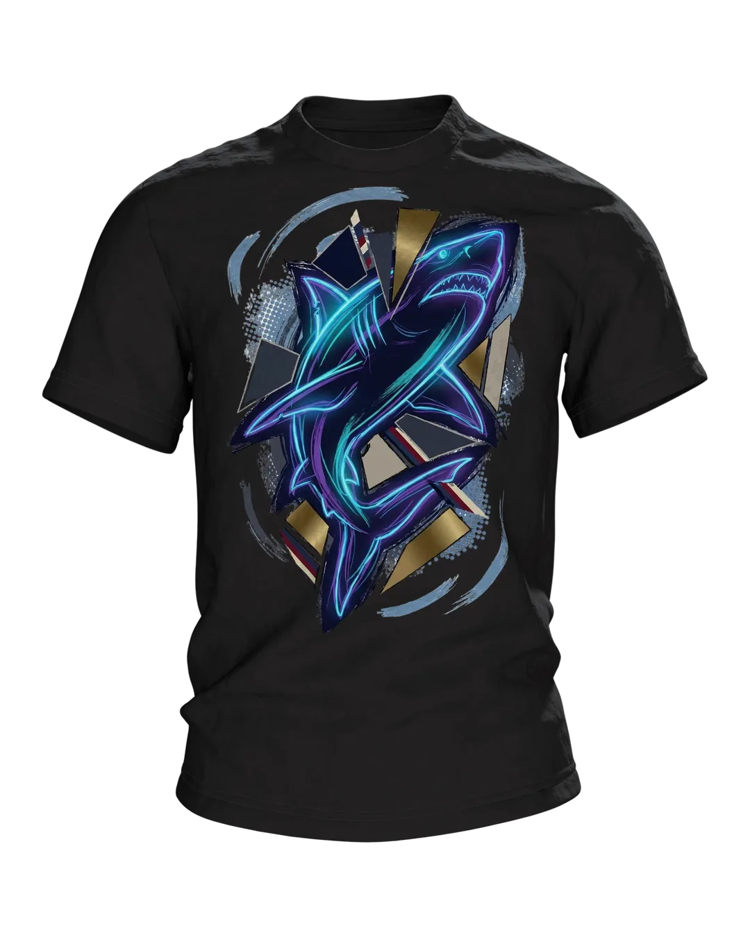 Neon Shark of Light Lines: T-shirt with Cyan Outline over Gold Shards and a Wave Circle on the Back