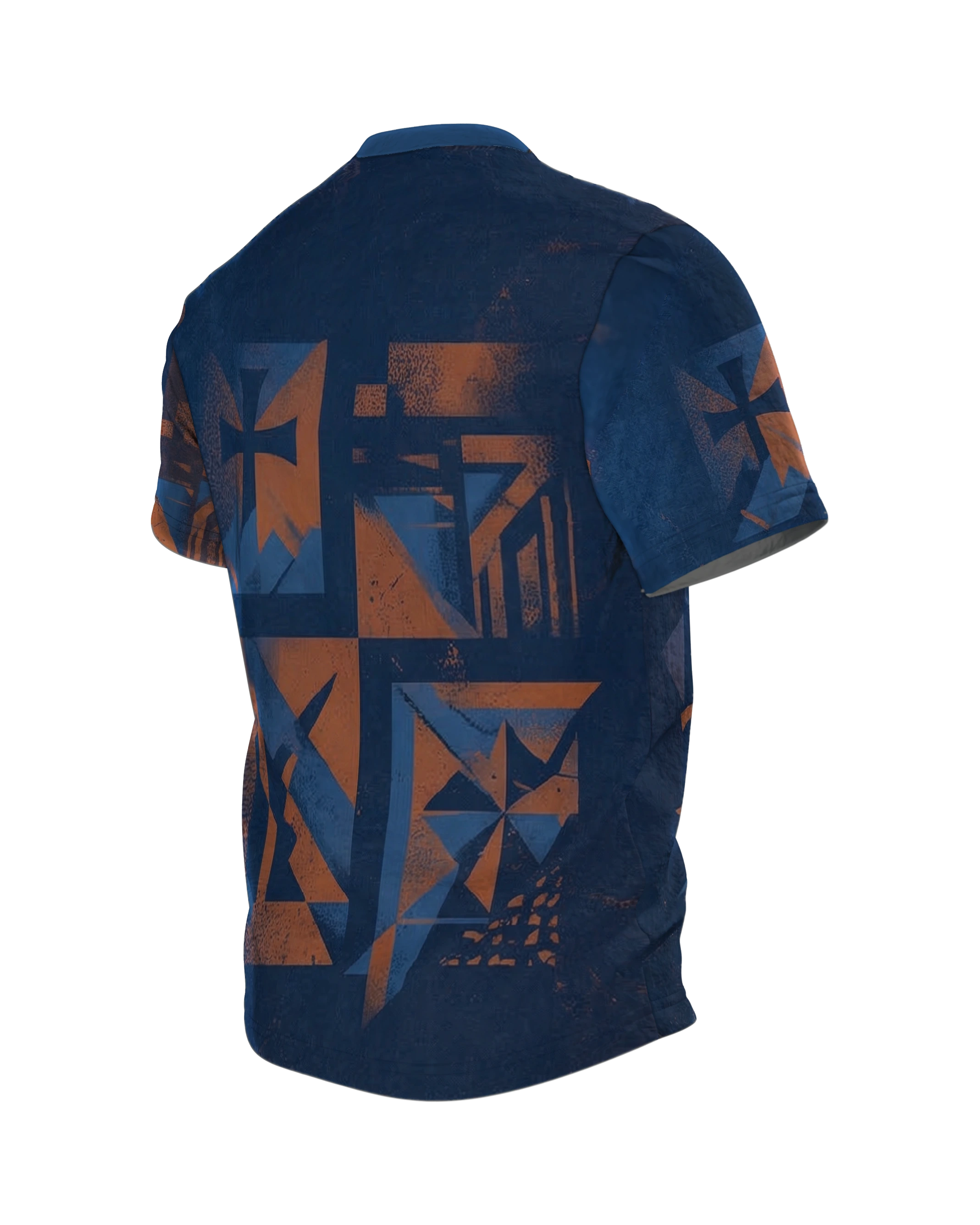 Kreuzritter T-Shirt: Ritter im Splitterbild, Tatzenkreuz auf dem Dreiecksschild, Rückseite schräg links