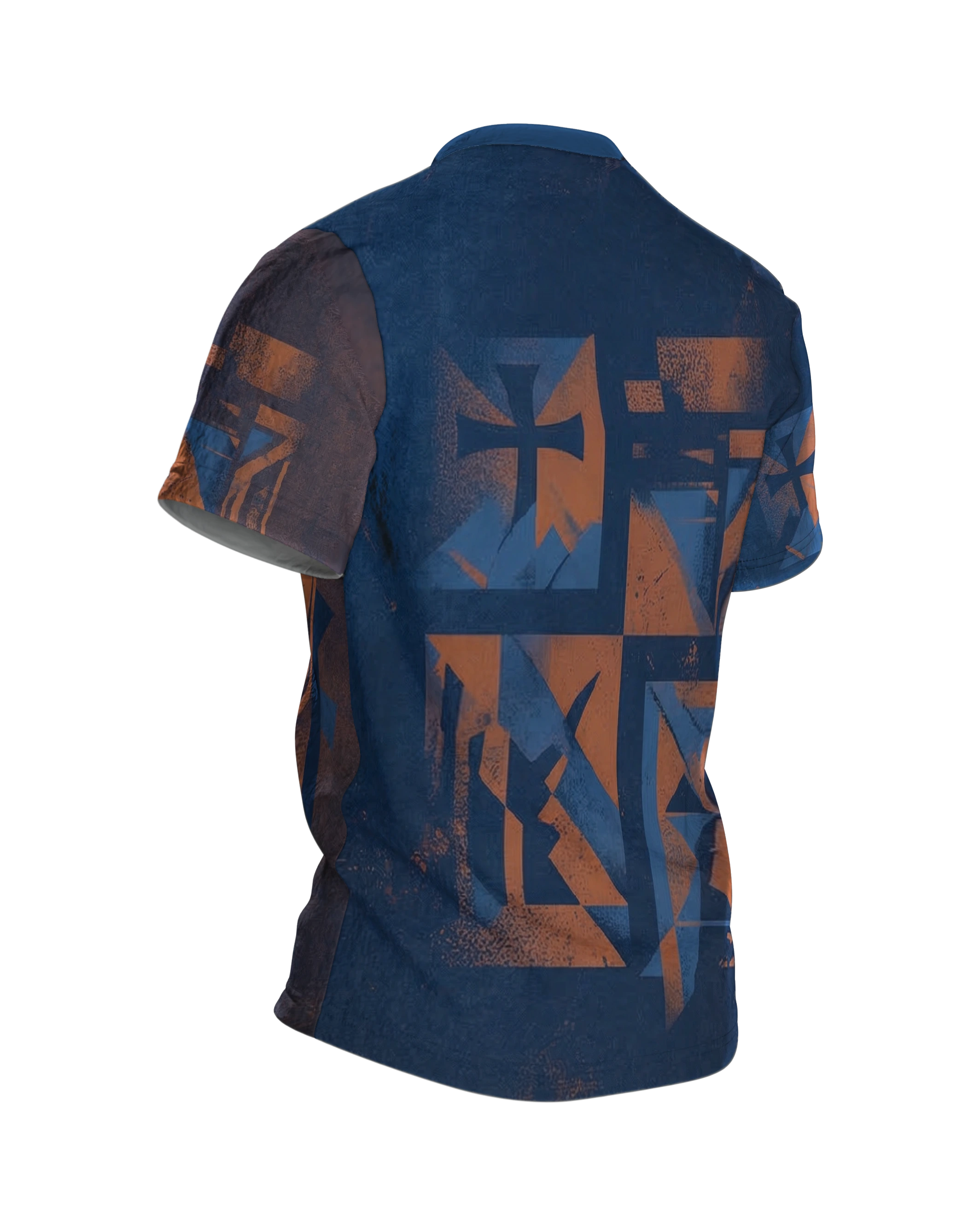 Kreuzritter T-Shirt: Ritter im Splitterbild, Tatzenkreuz auf dem Dreiecksschild, Rückseite schräg rechts