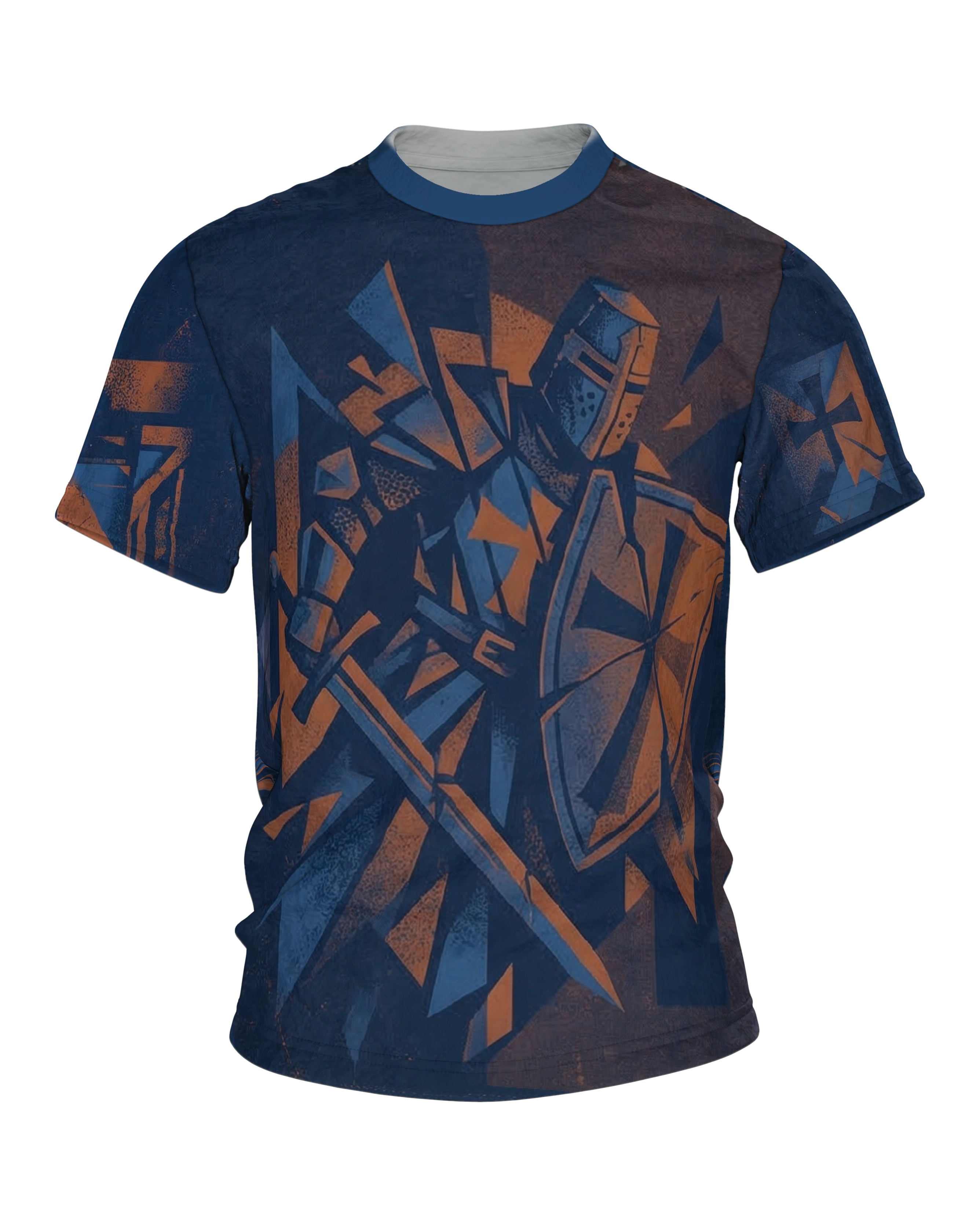 Kreuzritter T-Shirt: Ritter im Splitterbild, Tatzenkreuz auf dem Dreiecksschild