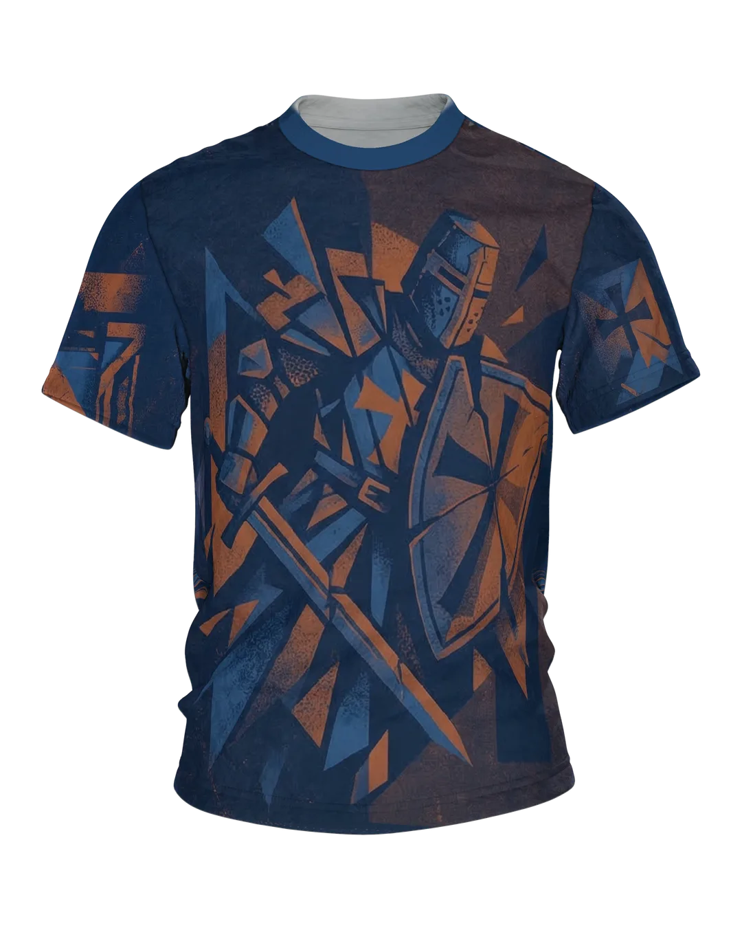 Kreuzritter T-Shirt: Ritter im Splitterbild, Tatzenkreuz auf dem Dreiecksschild