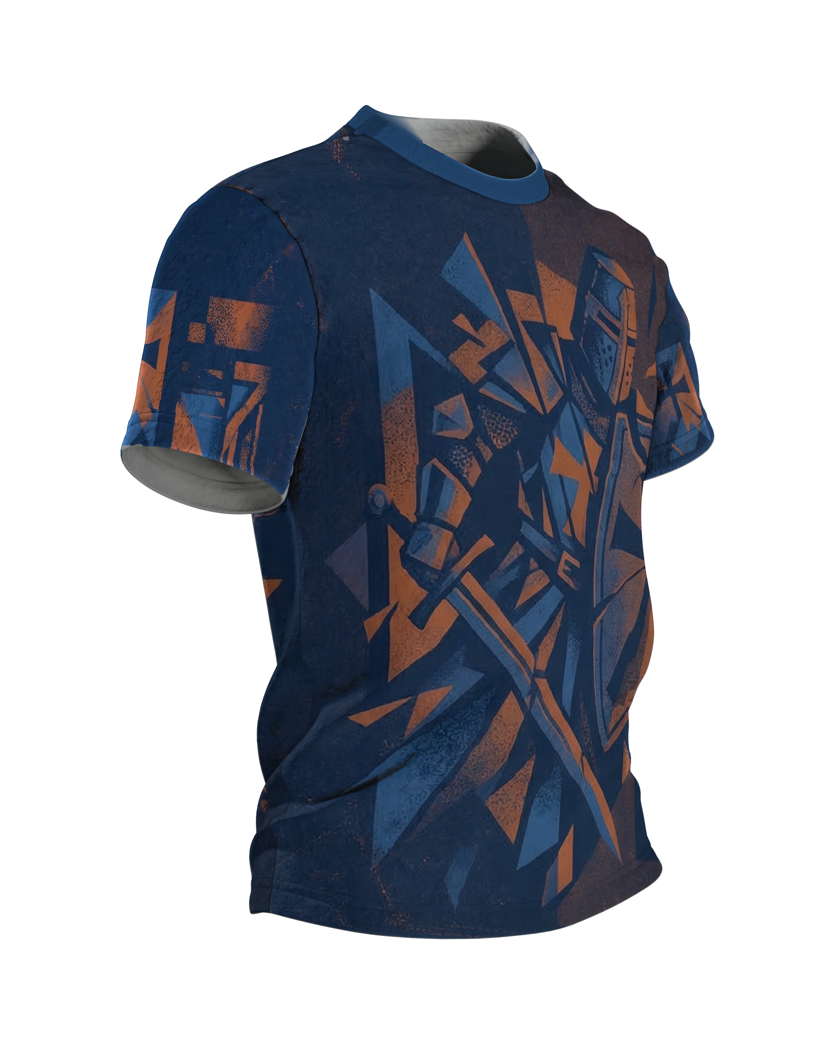Kreuzritter T-Shirt: Ritter im Splitterbild, Tatzenkreuz auf dem Dreiecksschild, Seitenansicht links