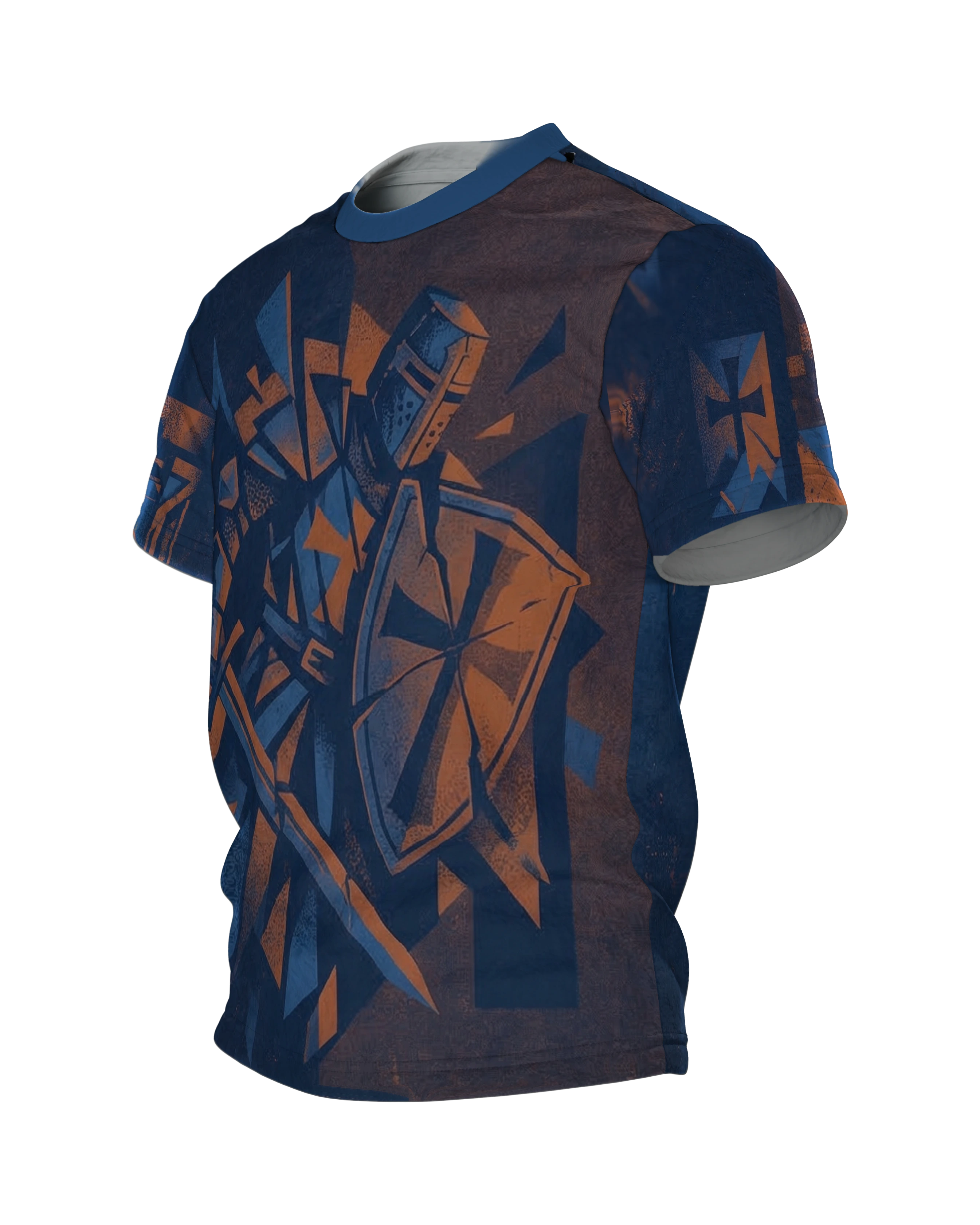 Kreuzritter T-Shirt: Ritter im Splitterbild, Tatzenkreuz auf dem Dreiecksschild, Seitenansicht rechts