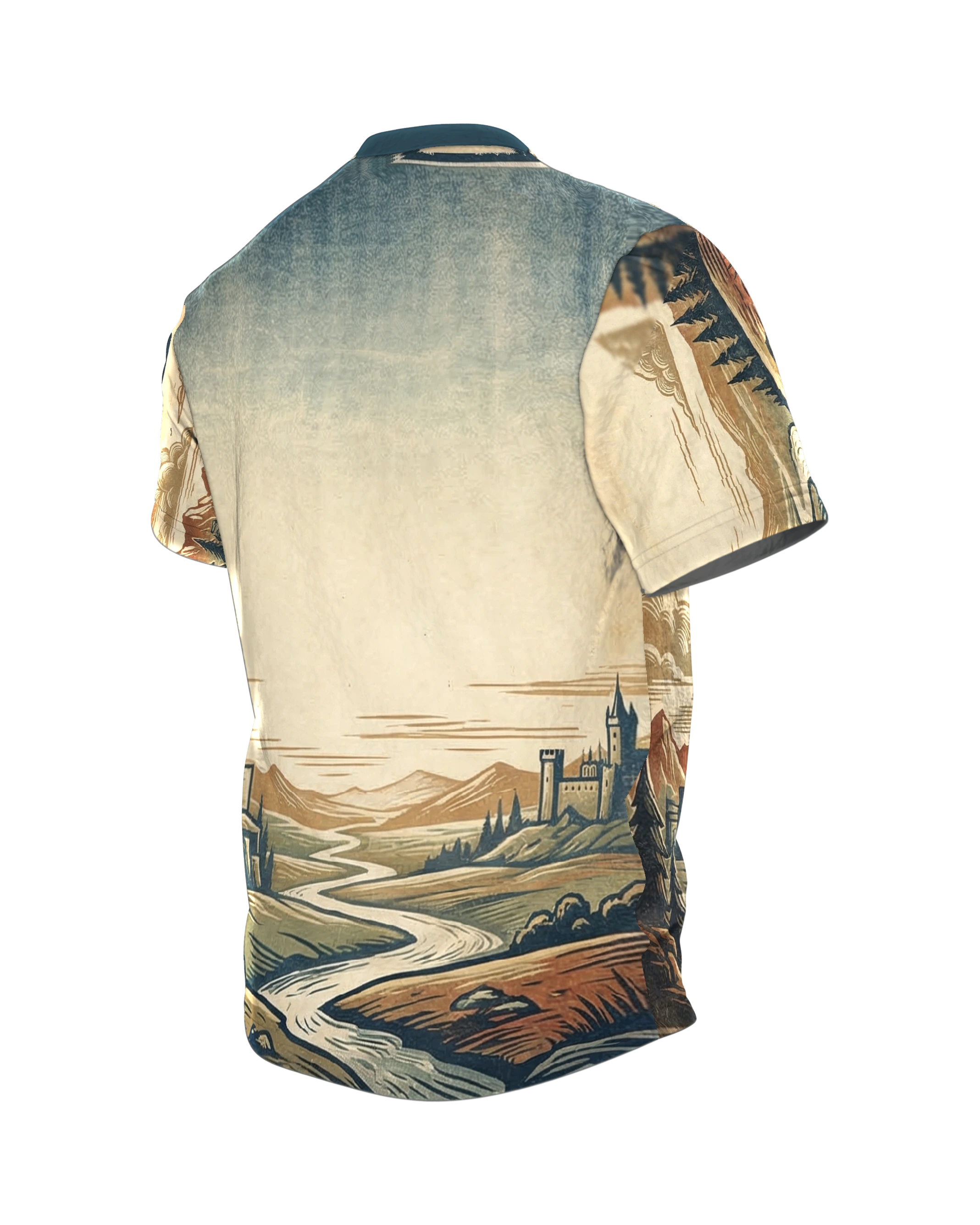Kreuzritter stehend T-Shirt: Wächter im Holzschnitt-Panorama, Rückseite schräg links